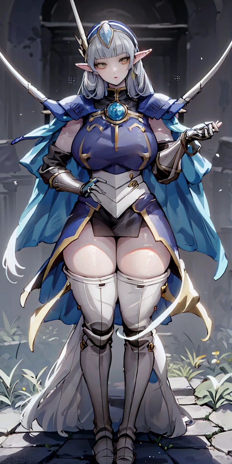 masterpiece, best quality, high quality, 1solo white SKIN elf, long hair, white hair, yellow eyes, full body, breastplate, looking at viewer, shiny, armor, thigh highs, high boots, shoulder armor, faulds, poleyn, gloves, gauntlets