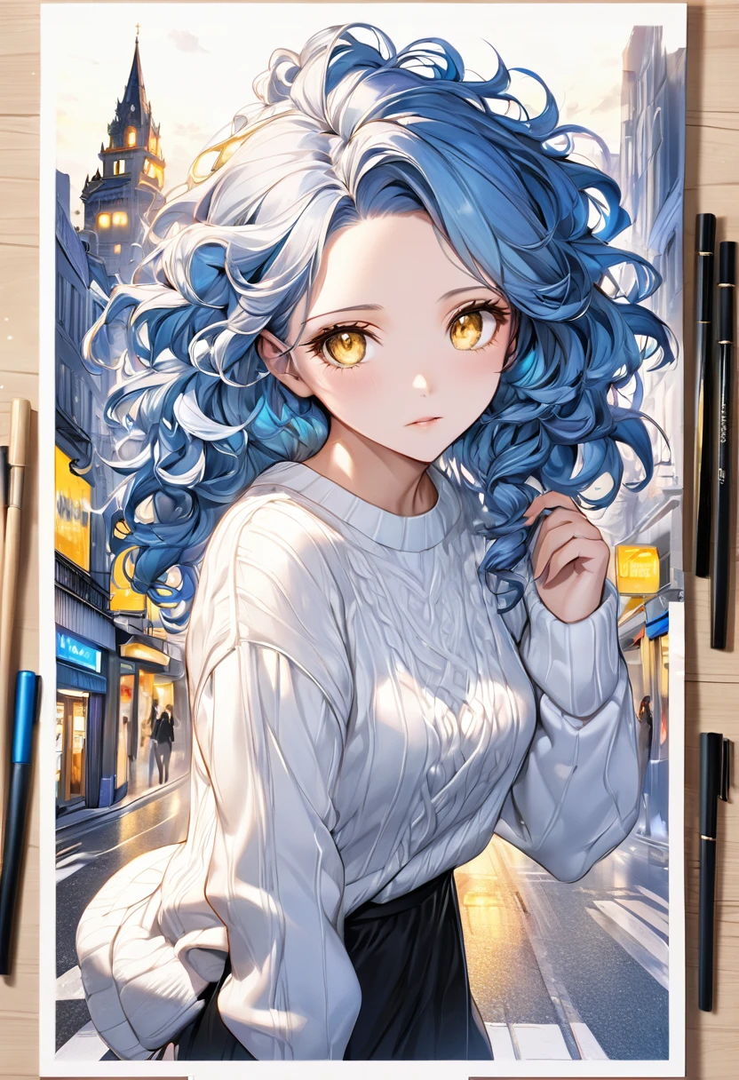 (masterpiece), best quality, expressive eyes, perfect face absurdres, highres, ultra detailed, (line art:1.5), (1girl:1.3), blue hair, pretty yellow eyes, detailed eyelashes , long hair, curly hair, loose hair, big hair, dense hair, forehead ,nice hands, breathtaking:1.3, a short white knit sweater dress, black pantyhose, white pumps shoes, city night walking (glowing hair, realistic:1), (smooth skin, realistic:1), (eyes, bright:1), portrait,