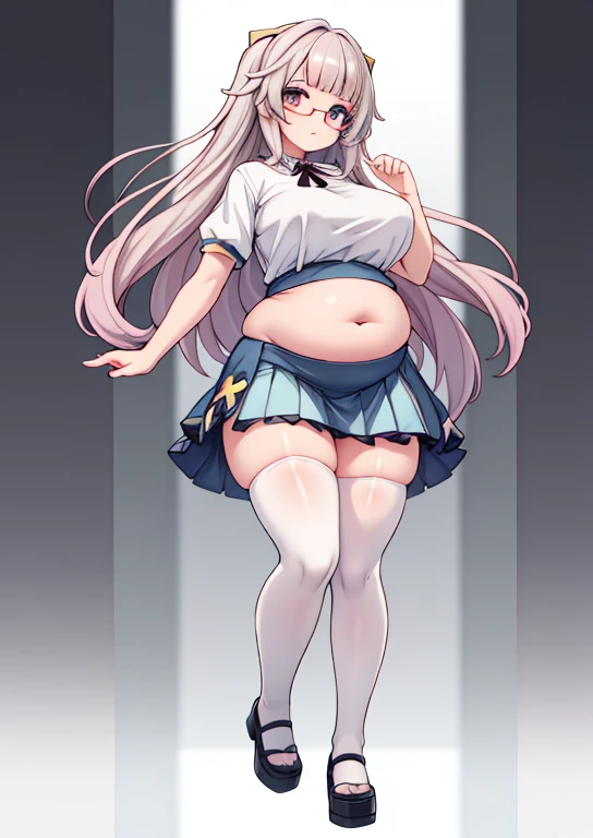 (masterpiece, best quality, highly detailed), 1girls, big belly, blurry background, huge belly, art by kipteitei, round belly, chubby, curvy, simple_background, gradient_background, belly grab, enormous belly, fat belly, thicc, bigger belly, really big belly, jiggly belly, shirt covering belly, belly cover by shirt, glasses, ((****ta)), casual clothes, skirt, thighhighs, ((full body)), long hair