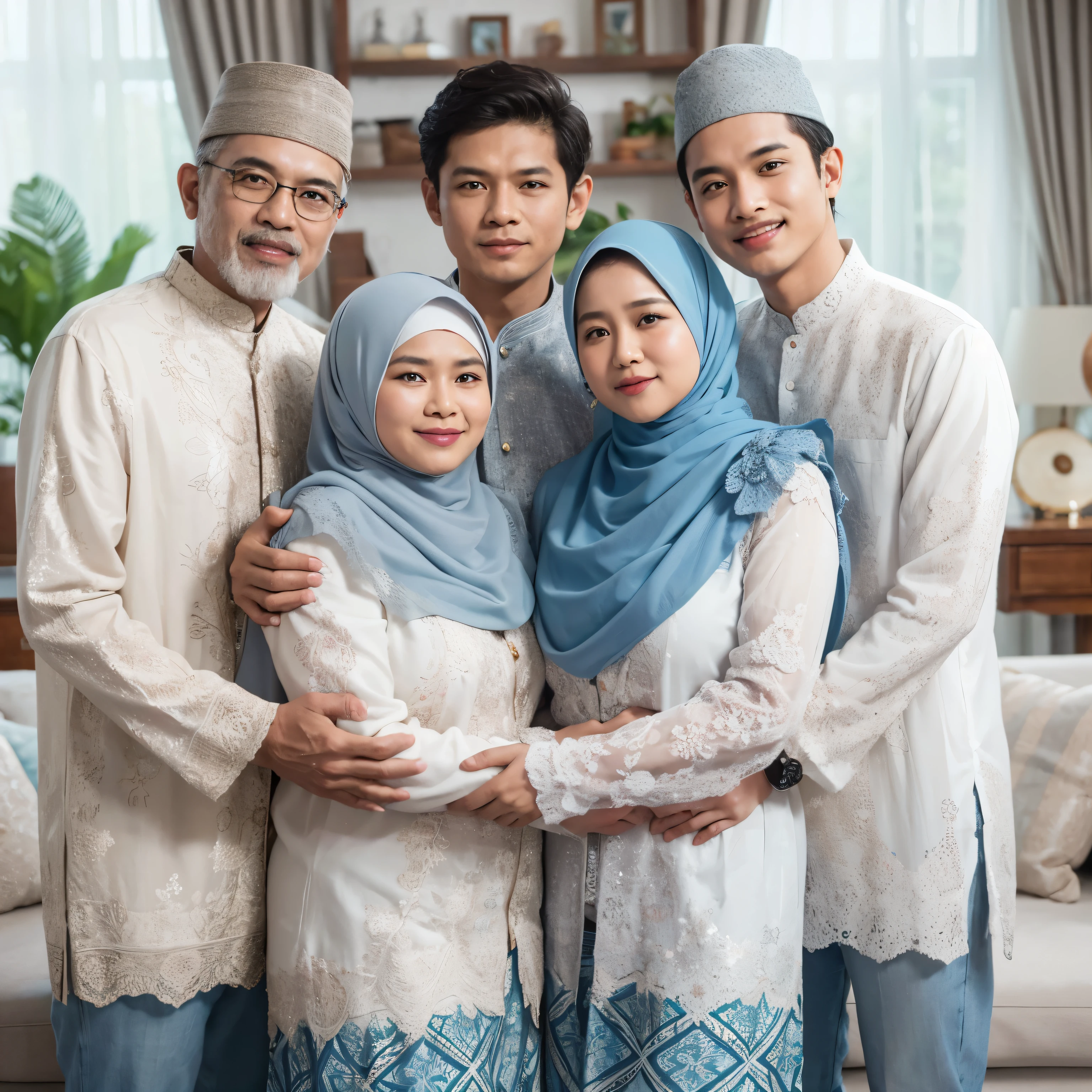 foto keluarga Indonesia, ayah dan ibu berusia 45 tahun, pria usia 17 tahun dan satu wanita usia 18 tahun, mereka kompak mengenakan pakaian batik Muslim putih dan gaun panjang biru yang serasi, mengenakan hijab, latar belakang ruang tamu mewah, saling mendekap, pose profesional, fotografi terbaik, detail, ultra HD, mahakarya, 8K