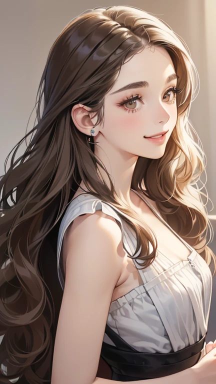(table top, digital illustration, 4k, 8k, Super detailed, beautiful images, clear image, perfect face, perfect lines, perfect eyes, soft lighting) 1 female, (gray long wavy hair, innocent look, look at viewer, side view,Over-the-shoulder ,Thin Eyebrows ,droopy eyes, Almond-shaped Eyes, brown eyes, With a round face, round chin、innocence, cute, natural makeup, smile gently,27 years old:1.3), full of light,(embarrassing, shy smile:1.2), sleeveless black knit dress, large Piercing 