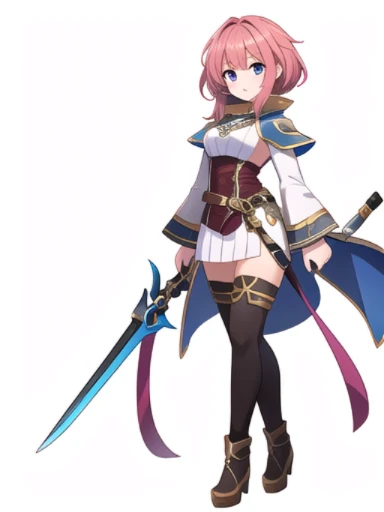 solo, female, ((( white background))), fantasy outfit, standing, character design, full body, holding weapon,
