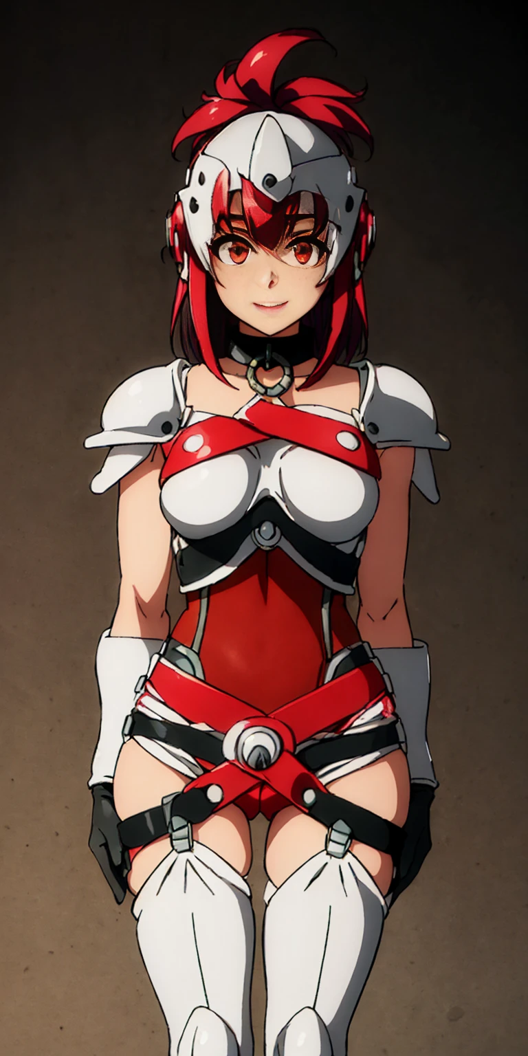 Kiriko, slender body, cute sexy asian girl in sexy white and red lingerie with white neylon stockings, white stockings, white and red choker, red gloves, small breast size, small tiny tits, red Kiriko forehead protector, Japan