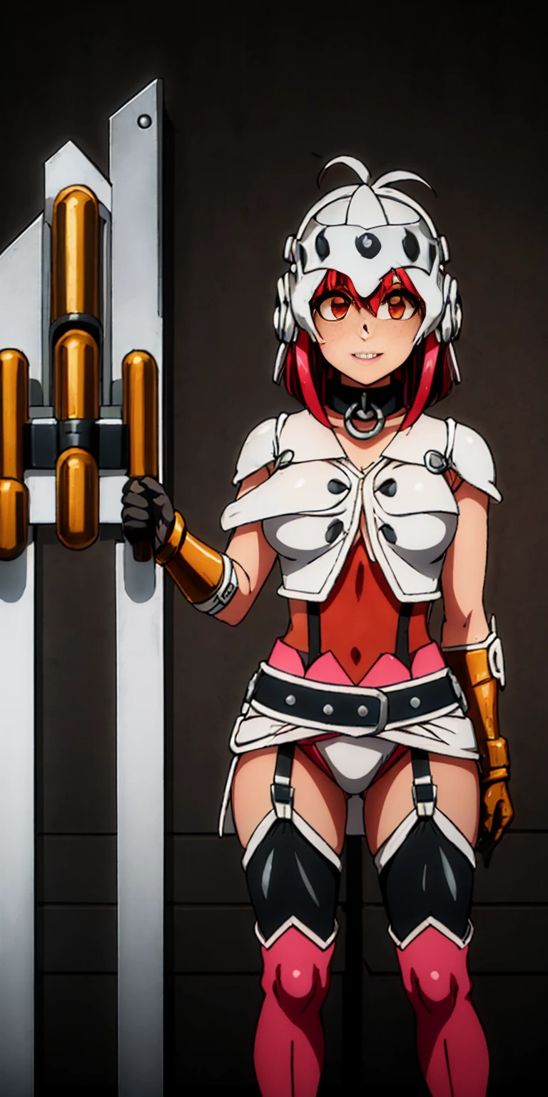 Masterpiece, (flat black background:1.2) solo, detailed face, intricate iris, thick lips, robot girl, (gold and white skin), realistic illustration of a (cyborg girl),(RED eyes),IvoryGoldAI,(freckles),(holding BREATHTAKING:1.2), (gold and white armor:1.2), (looking at viewer:1.2),parted lips, standing straight symmetrical, looking at viewer, lustful smirking smile face red blushed red cheeks, thick thighs, thighhighs, thigh, boots, armor, armored boots, full body armor, bikini armor, big breastplate, pauldron, bracers, leather black choker, tiger claws gloves, short bob white haircut, helmeted, metal shoulders, red long loincloth, longest blue cape reach to the waist, shackles and chains wristbands