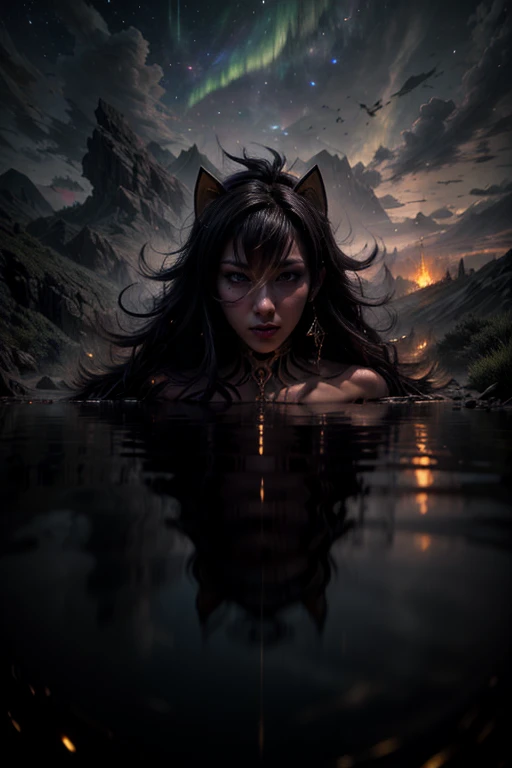 full length closeup portrait of complex detailed fractal aurora, forming a hyper-detailed ghostly vision of a beautiful succubus in the sky, busty, reflection in water, Ripples on the water, dark mountains on the horizon, backlight, Starry night sky background, very detailed galaxy, DAZ 3D landscape rendering, Unity, Unreal engine 5, UHD resolution, sharp focus, 8 k, 12 MPoutdoors, extremely detailed, details, masterpiece, ((illustration)), 4k, 8k, high quality, highres, lighting, cinematic, award-winning, 1girl, tall, Dehya, long hair, cat ears ((dark-skinned female)), jewelry, blue eyes, black hair, punching,curvy,
dehya \(genshin impact\),huge weapon, FantasyStyle_Burple, 
PunkAI