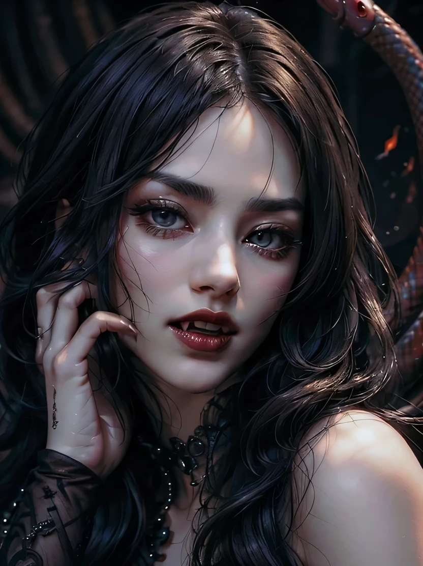 ((masterpiece、highest quality、Super fine、High resolution、photorealistic、sharp focus、cinematic lighting))、((1 female、bust shot))、Beautiful female vampire portrai mouth is wide open, revealing very long fangs.、Crystal amethyst eyes、detailed eyes、red lips、pale face、long wavy hair、Very black hair、elegant dress、Detailed hand depiction、view audience、bloody mouth、snake eyes