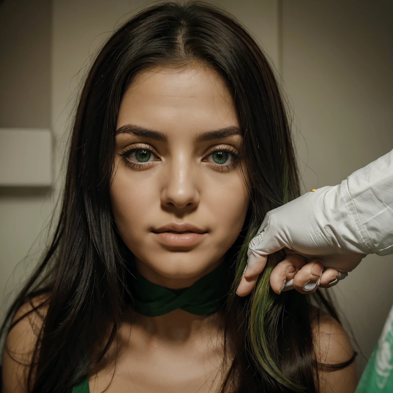 No canto do quarto, a garota de olhos verdes intensos e cabelos longos loiros, observa atentamente para o seu namorado de cabelos loiros e olhos verdes. He is bandaging the hand of the girl with long black hair and greenish-brown eyes