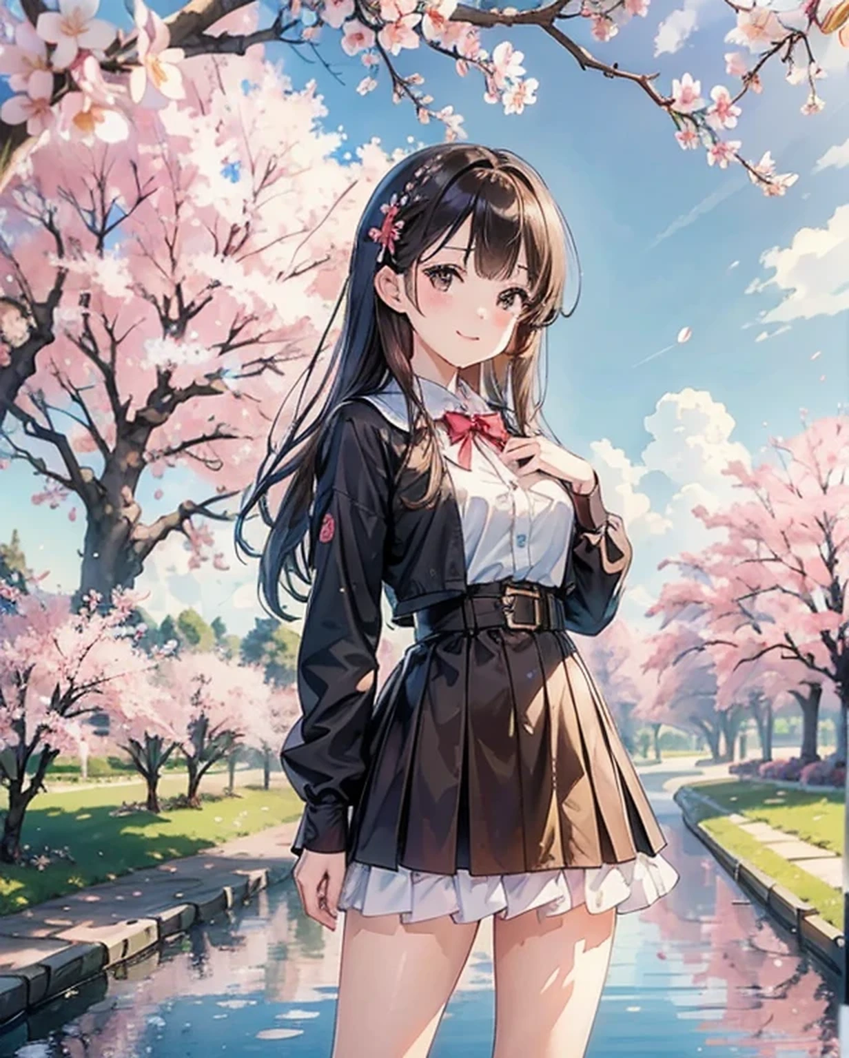 Beautiful girl standing next to cherry blossom tree in background, detailed background, cherry full blossom, (best quality,4k,8k,highres,masterpiece:1.2),ultra-detailed,realistic,1girl, solo, cloudy blue sky, depth of field, flat dark brown eyes, knee shot, anime style, happy expression,