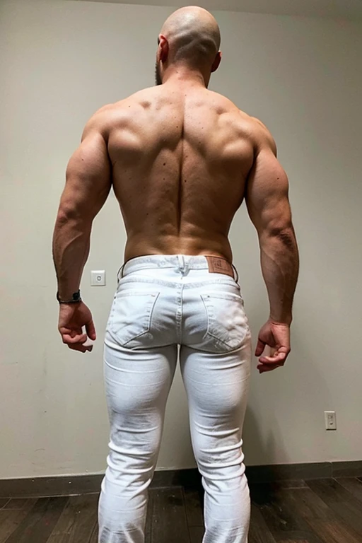 muscular manly man bald with beard, 25 years old, full body, with his back turned bent over, naked white jeans.
