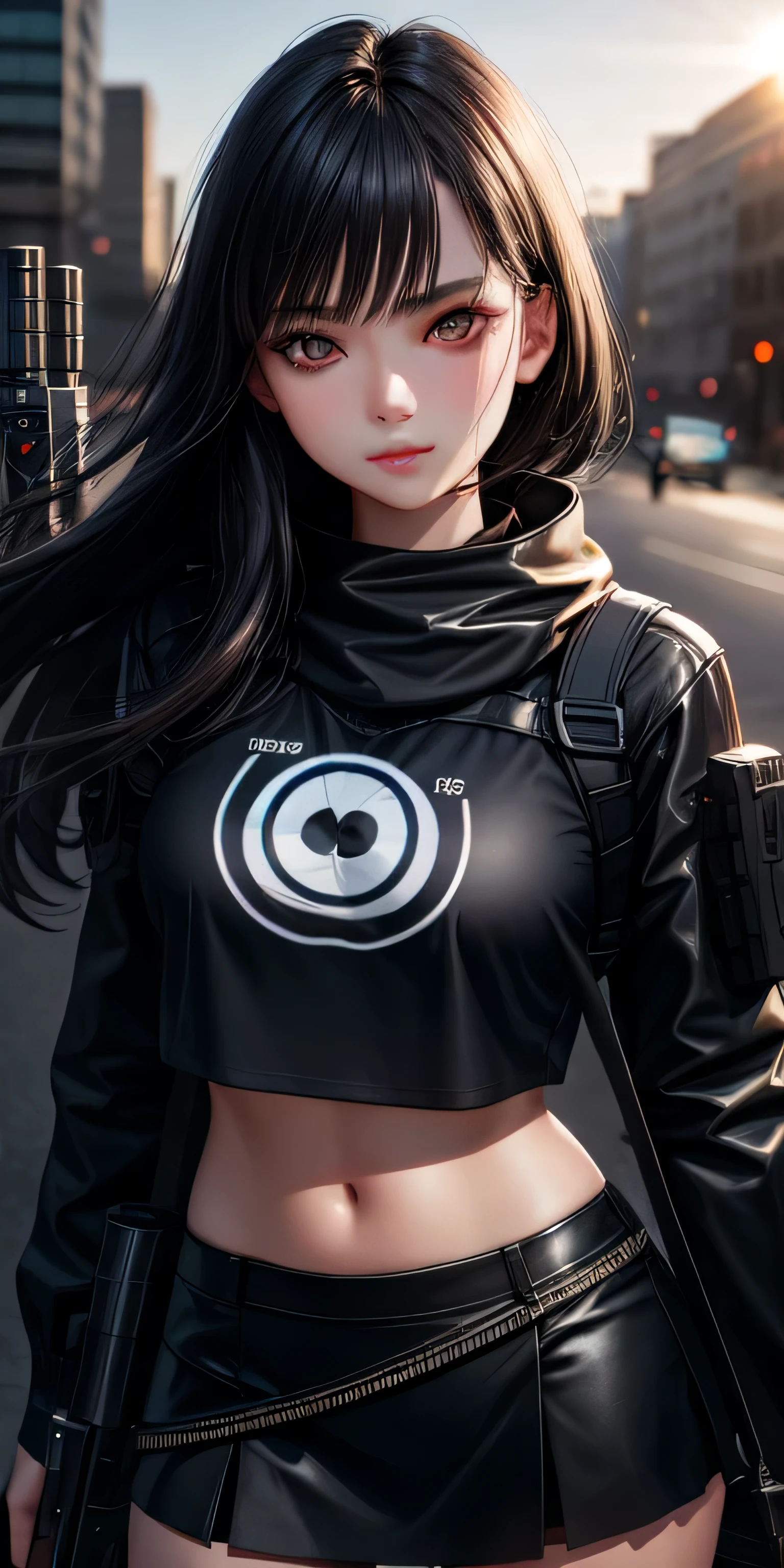 realistic, 1girl, black hair, dark brown eyes, glowing eyes, crop top, black skirt, parted lips, blush, night, bring a big sniper gun, sun, sunlight, gang, simple background