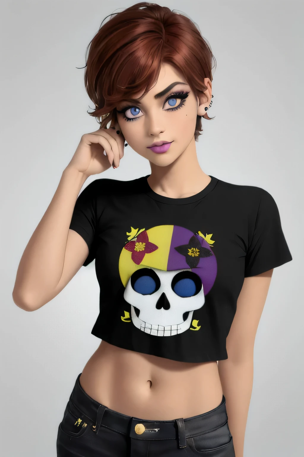 Hermosa chica adolesente ,  , modelo adolesente , chica rockera , Short light brown hair , corte de cabello pixie , ojos color azul ,usa aretes de clip  , tiene pecas en mejillas y nariz ,lindo maquillaje , sombra de ojos color morado , labios rojos , jermosa sonrisa , usa gargantilla negra ,  viste camiseta morada sin mangas con imagen de calavera ,  cinturon blanco , falda color lila con patrones de cuadros ,   botas largas con tacon , toca guutarra electrica morada 