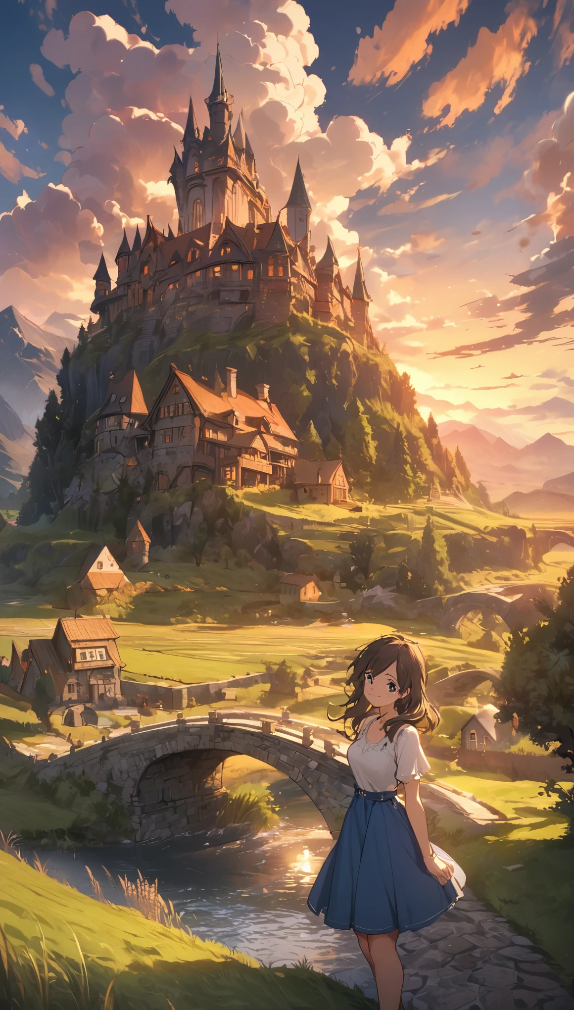 (((best quality))), high saturation, Clear, Reasonable structure, cartoon style, architecture, bridge, put up, castle, chimney, cloud, cloudy_sky空, sky, fantasy, Door, Grass, house, Mountain, No_Humanity, outDoor, river, landscape, sky空, Sunset, Tree, window, wheat field, wheat, jk country, Smile, Lovely, blue skirt, white top