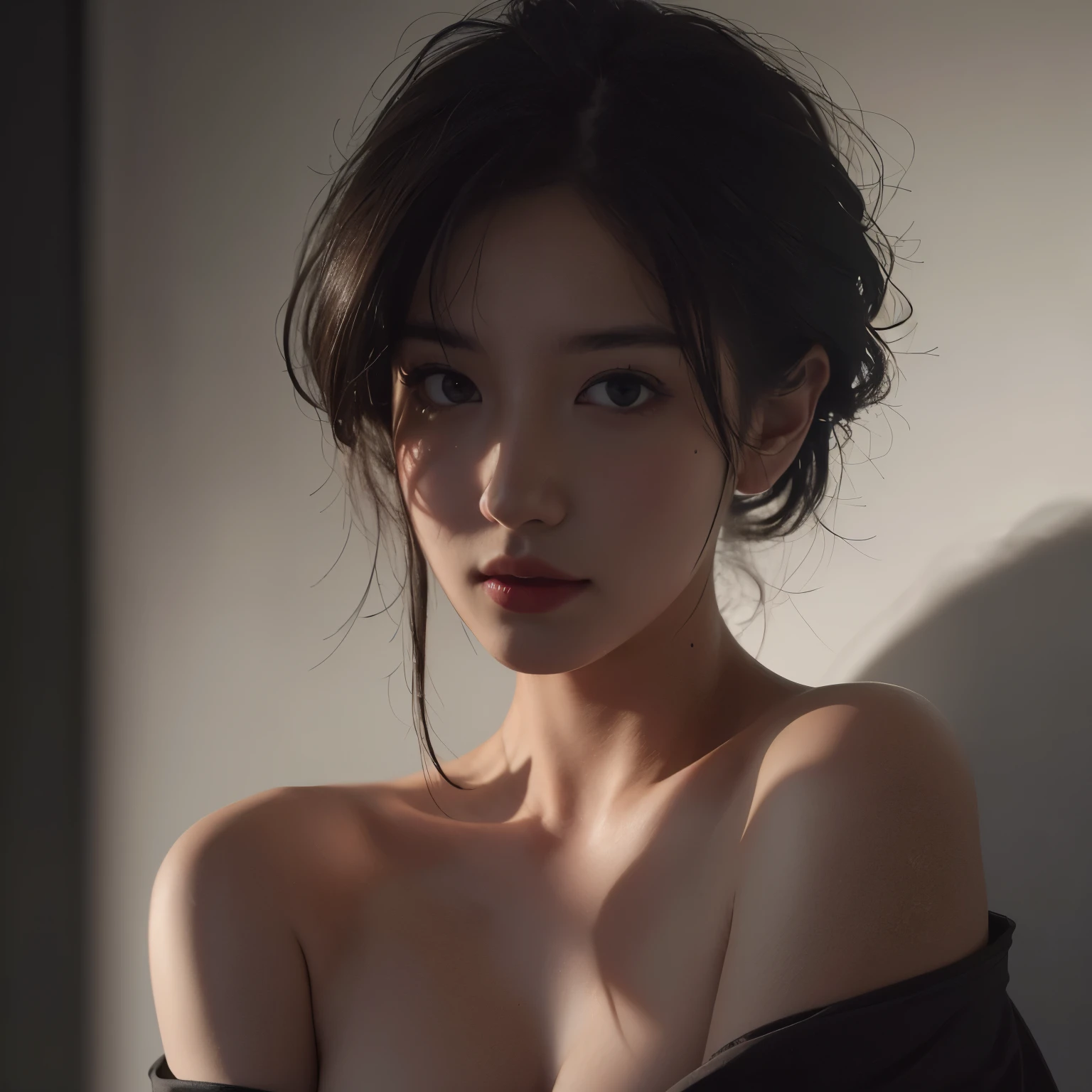 Best quality, masterpiece, ultra high res, (photorealistic:1.5), raw photo, 1girl, offshoulder, in the dark, deep shadow, low key, cold light, sexy look, short hair --auto