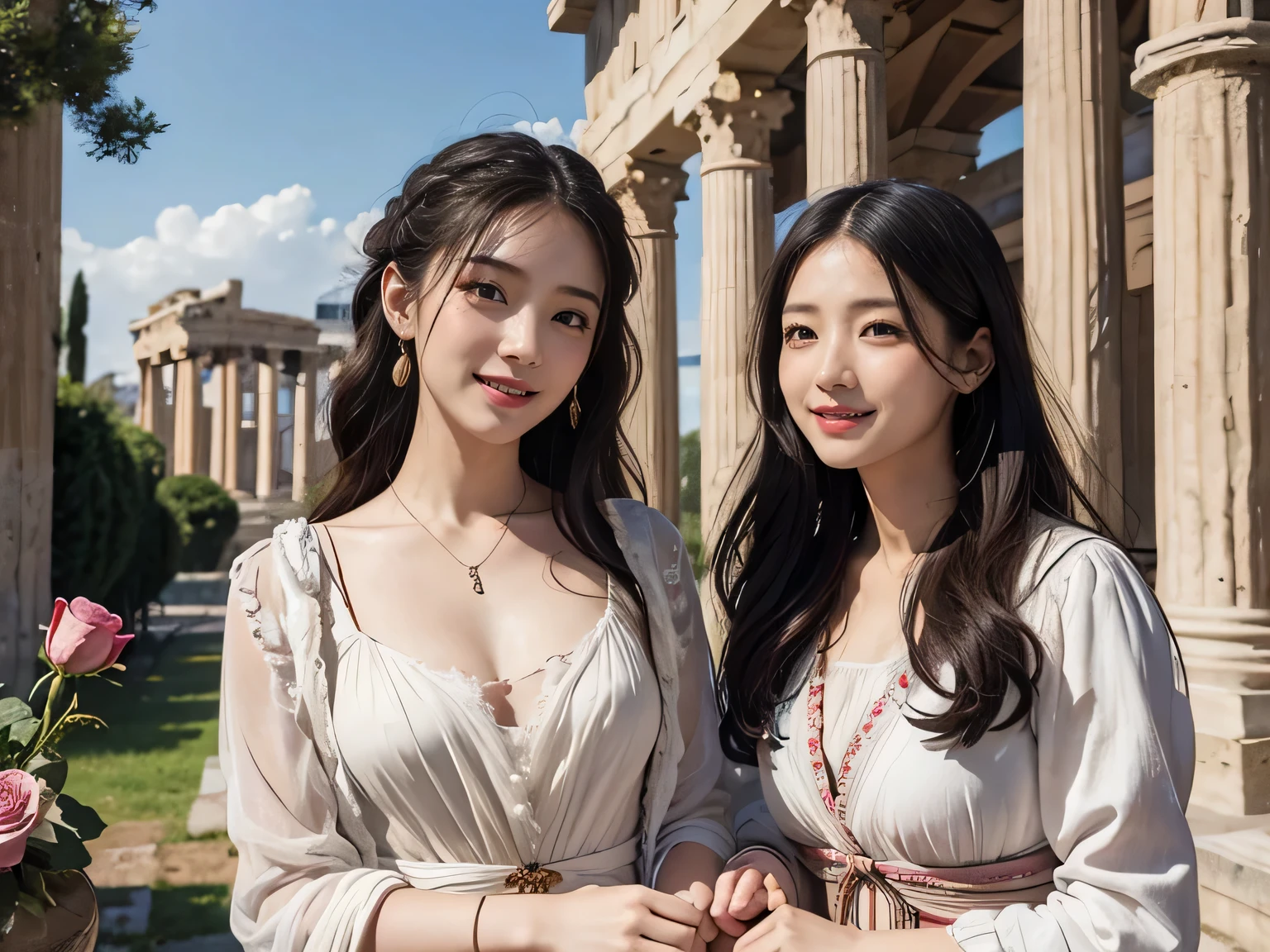 Ancient Roman ruins,Poussin-style landscape,A smile,,Sweet and seductive appearance.、Caravaggio's paintings、Chiaroscuro of Caravaggio、Hair disheveled in the wind,Two women frolicking,Cute smile, Expression of ecstasy,A sexy,Erotic