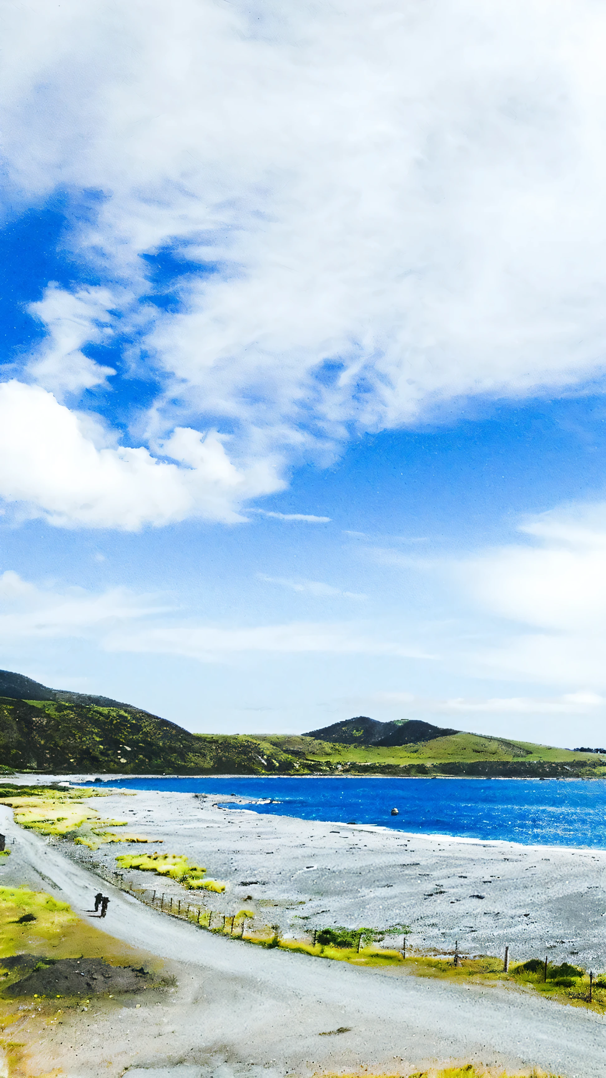 there are 2 man riding a bike on a road by the ocean bay. golden bay new zealand, new zeeland, hollister ranch, hills ocean, new zealand landscape, landscape wide shot, island landscape, beach landscape, new zealand, mountains and ocean, azure blue sky, beach in the foreground, cloudless-crear-sky, coast as the background, 8k ultra, crisp