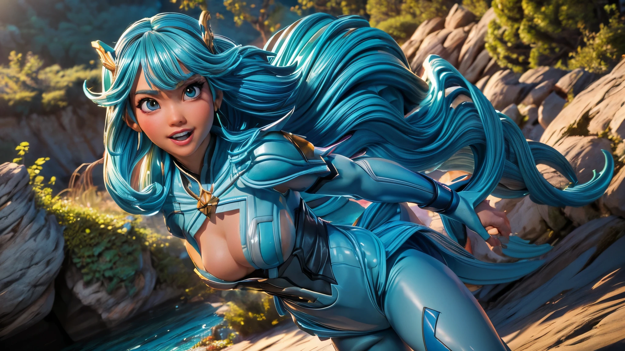 (best quality,4k,8k,highres,masterpiece:1.2),ultra-detailed, Alien Princess, miamalkova, with water powers and blue wave themed armor made of coral, log aqua color hair, Female Commander Invading a city with her Ranger troops behind her, strutting her stuff, Smiling and laughing, Flirting with the viewer, HDR, 8k, absurdres, cinestill 800, sharp focus, add_detail:3 (solo woman) anime Villainess, wideshot, widescreen, focus on subject