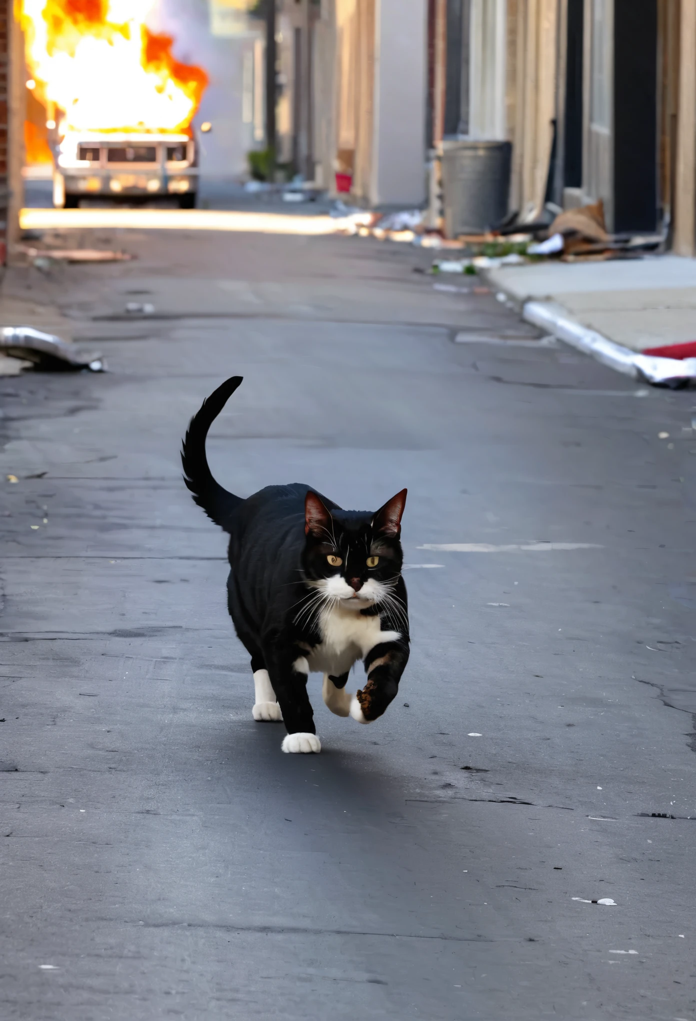 Muscle cat running on the street , to save another cat who was in a building on fire