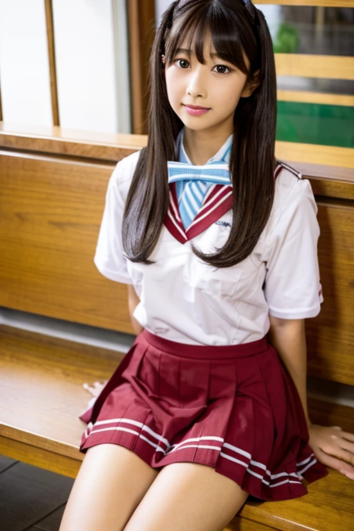 Asian woman in uniform sitting on a bench, JK uniform, wearing japanese school uniform, japanese girl uniform, japanese , wearing いる, wearing , (((ＢCup Chest)))、(((I&#39;thin)))、cute woman 24 years old、
(((small breasts)))、(((thin)))、(((8 life size)))、girl in uniform, magic , seifuku, cute high school girl, hyperrealistic , a hyperrealistic , realistic , magic 、(((Skirt flip)))、cute female teenager
(((spread your legs wide)))、(((thighs)))、