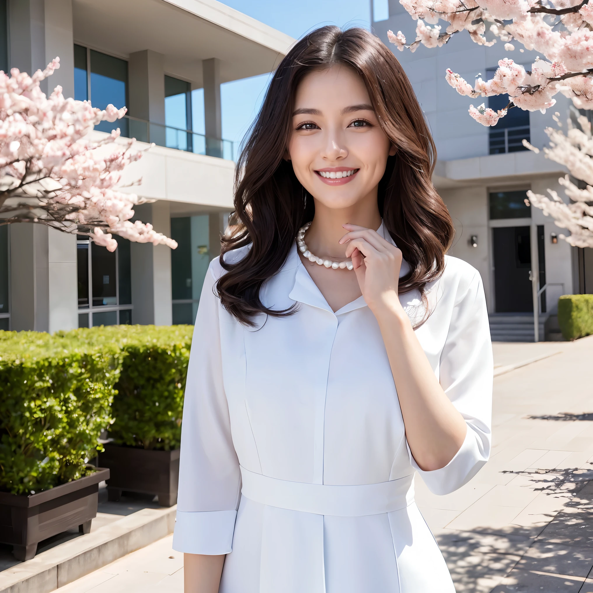 (masterpiece、highest quality、best image quality、8K、Award-winning work)、(1 40 year old mature woman:1.2)、(facial wrinkles:1.2)、(graduation outfit:1.1)、(Commemorative photo taken with the school in the background:1.1)、(Beautiful skin that shines very brightly:1.3)、(very bright and vivid:1.2)、(the biggest smile when you look at me:1.1)、(The most natural and perfect formal suit:1.2)、(perfect and precise pearl necklace:1.2)、(Super bright and radiant skin:1.2)、(A perfect suit that shines very brightly:1.1)、(A very bright and shiny new school building:1.1)、(Elegantly styled very long wavy hair:1.2)、black brown hair、(big breasts:1.1)、emphasize body line、plump face、plump body、glamorous body、(Standing most elegantly:1.1)、(The background is a rectangular school building with four floors:1.2)、(Modern four-storey rectangular building:1.2)、(Reinforced concrete square school:1.2)、(beautiful square window glass:1.1)、(A new and beautiful high school:1.1)、sunny and beautiful sky、clear beautiful sky、beautiful thunderclouds、(refreshing sunshine:1.1)、(Blurred cherry blossom tree in full bloom in the background:1.1)、perfect makeup、bright lipstick、upper body photo、blurred background、(perfect anatomy:1.1)、Ultra high definition beauty face、ultra high definition hair、Super high definition perfect beautiful teeth、(Show your beautiful teeth and smile big:1.1)、Super high-definition sparkling eyes、Super high resolution glossy lips