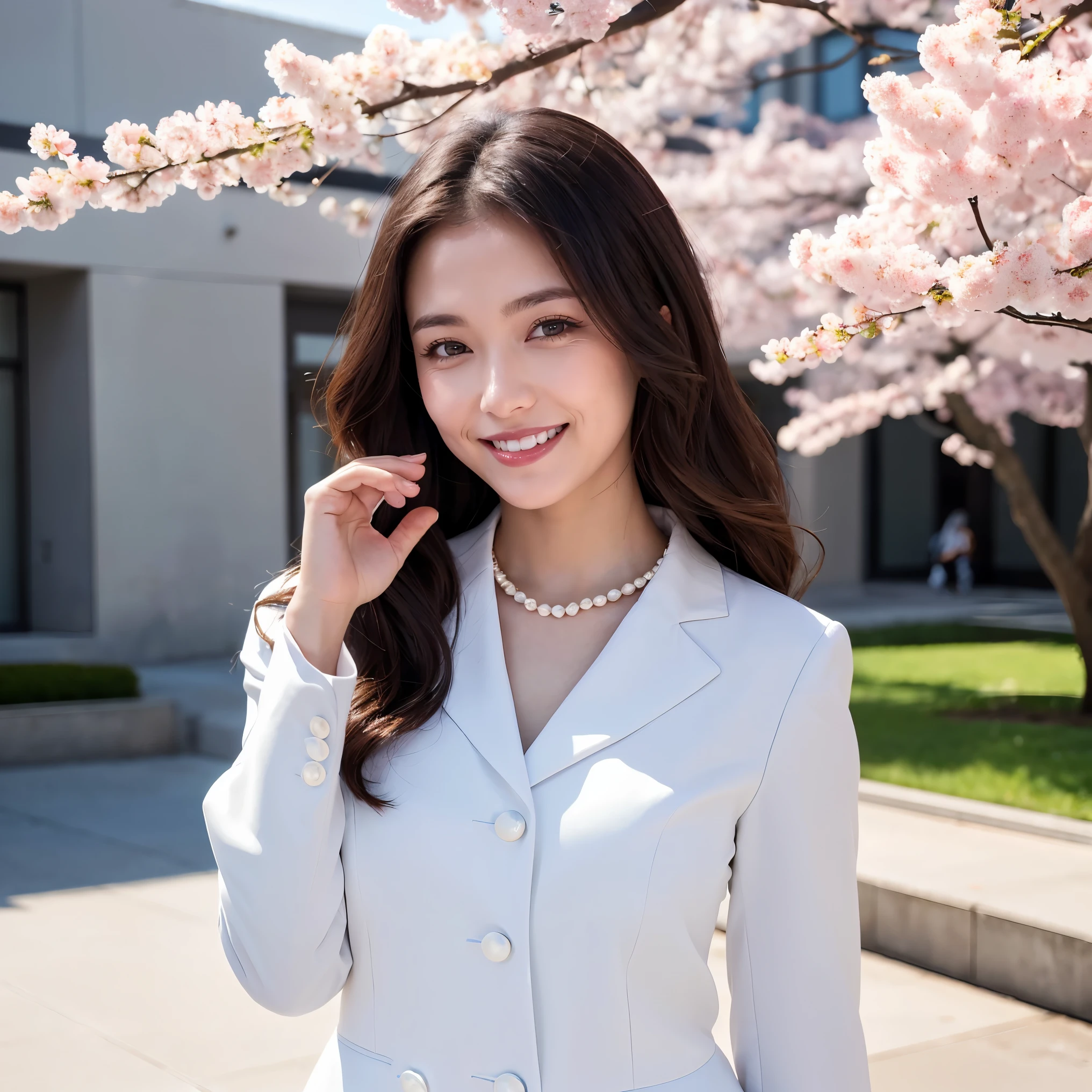 (masterpiece、highest quality、best image quality、8K、Award-winning work)、(1 40 year old mature woman:1.2)、(facial wrinkles:1.2)、(graduation outfit:1.1)、(Commemorative photo taken with the school in the background:1.1)、(Beautiful skin that shines very brightly:1.3)、(very bright and vivid:1.2)、(the biggest smile when you look at me:1.1)、(The most natural and perfect formal suit:1.2)、(perfect and precise pearl necklace:1.2)、(Super bright and radiant skin:1.2)、(A perfect suit that shines very brightly:1.1)、(A very bright and shiny new school building:1.1)、(Elegantly styled very long wavy hair:1.2)、black brown hair、(big breasts:1.1)、emphasize body line、(Standing most elegantly:1.1)、(The background is a rectangular school building with four floors:1.2)、(Modern four-storey rectangular building:1.2)、(Reinforced concrete square school:1.2)、(beautiful square window glass:1.1)、(A new and beautiful high school:1.1)、sunny and beautiful sky、clear beautiful sky、beautiful thunderclouds、(refreshing sunshine:1.1)、(Blurred cherry blossom tree in full bloom in the background:1.1)、perfect makeup、bright lipstick、upper body photo、blurred background、(perfect anatomy:1.1)、Ultra high definition beauty face、ultra high definition hair、Super high definition perfect beautiful teeth、(Show your beautiful teeth and smile big:1.1)、Super high-definition sparkling eyes、Super high resolution glossy lips