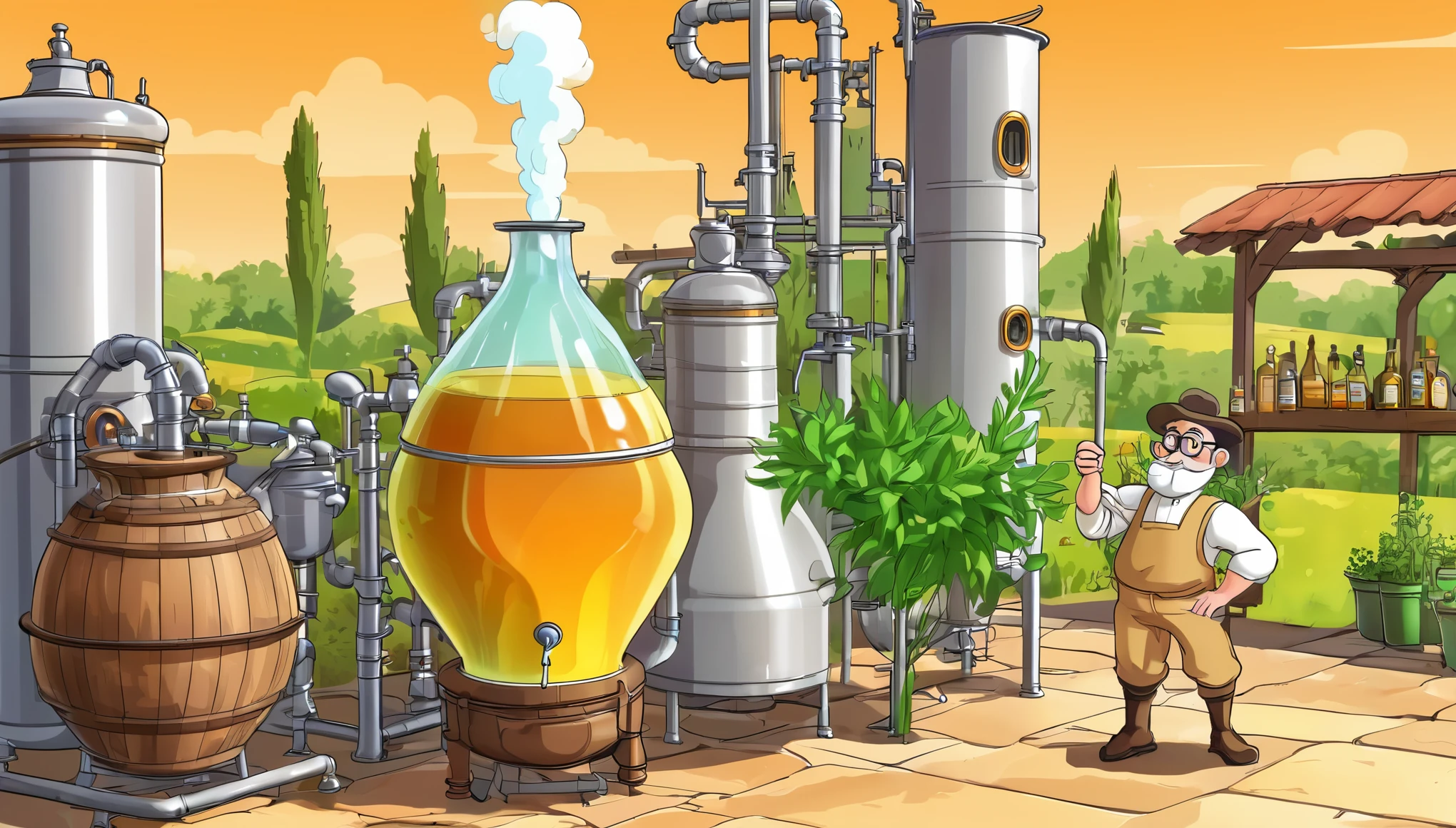 crea una distilleria di fantasia tipo alchimista, tubi , alambicchi, colonna di vigreus, vapore che esce dalle attrezzature, molto disordine e confusione. mode cartoon