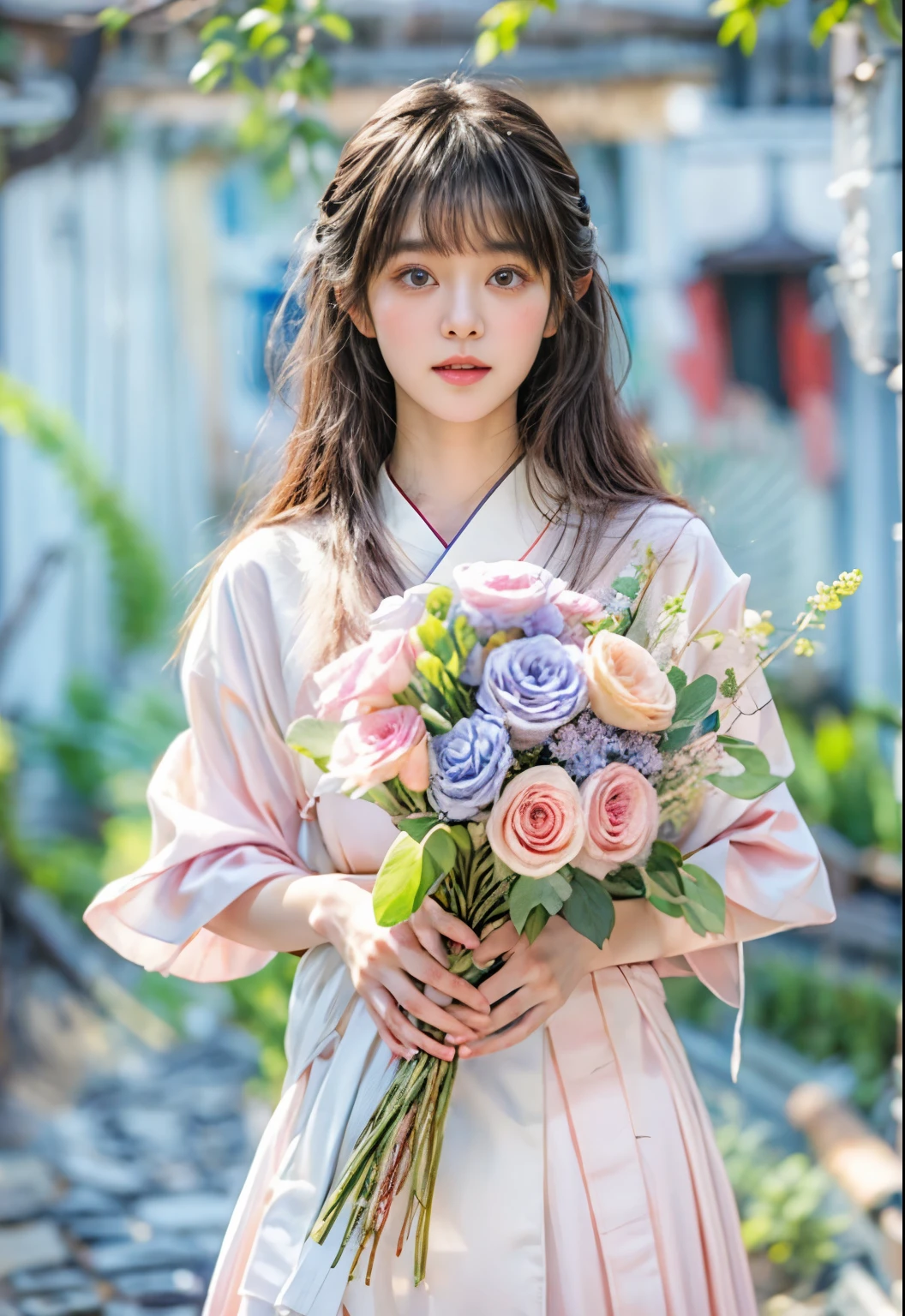 masterpiece、highest quality、cinema、(cute japanese woman、bangs:1.3)、23 years old、1 girl、elegant、black hair、warm、bouquet、pale pink