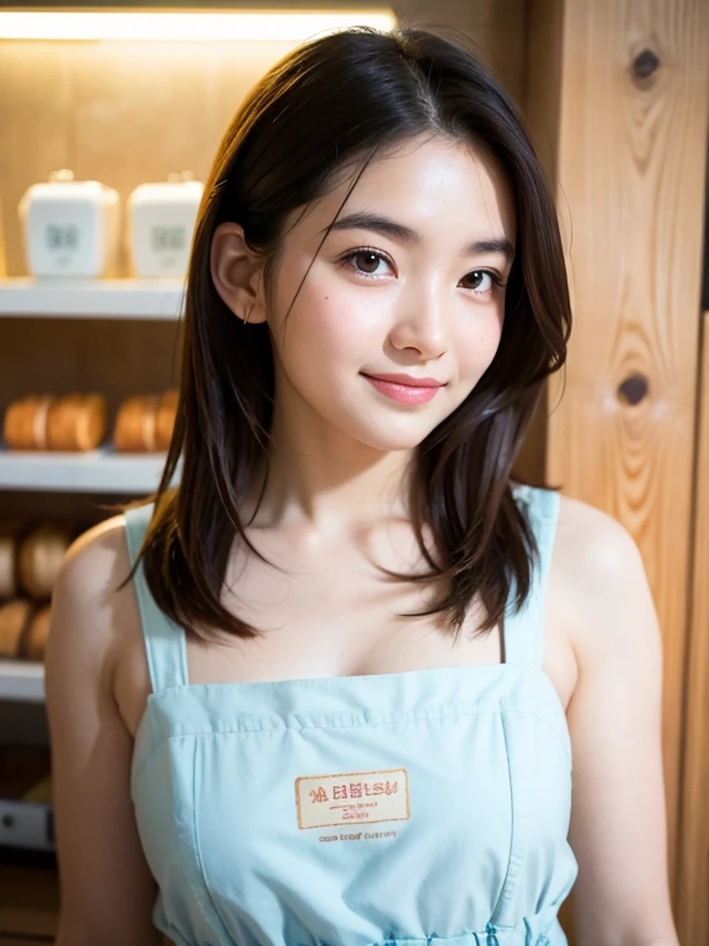 masterpiece, Best Quality, Raw photo, 8K, ultra-detailed face, 1girl, Beautiful detailed skin, backlight, soft light, bashful, (shoot from front:1.2), smile, Luminescent, Anatomically correct, Medium hair, Eyes and faces with detailed, Textured skin, Professional Photography, Bokeh, Portrait, Professional Lighting, Solo, Cute, Girly, Film grain, apron, inside bakery shop