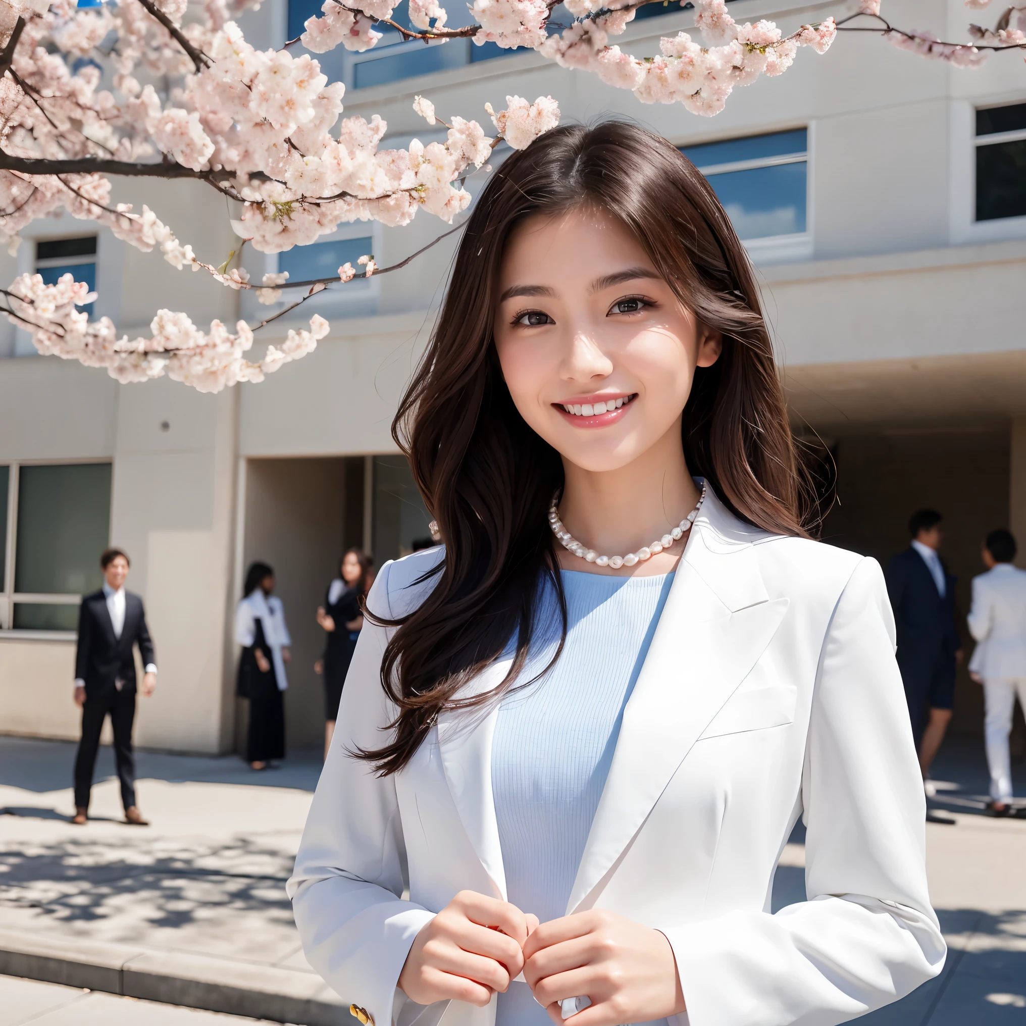 (masterpiece、highest quality、best image quality、8K、Award-winning work)、(1 40 year old mature woman:1.2)、(facial wrinkles:1.2)、(graduation outfit:1.1)、(Commemorative photo taken with the school in the background:1.1)、(Beautiful skin that shines very brightly:1.3)、(very bright and vivid:1.2)、(the biggest smile when you look at me:1.1)、(The most natural and perfect formal suit:1.2)、(perfect and precise pearl necklace:1.2)、(Super bright and radiant skin:1.2)、(A perfect suit that shines very brightly:1.1)、(A very bright and shiny new school building:1.1)、(Elegantly styled very long wavy hair:1.2)、black brown hair、(big breasts:1.1)、emphasize body line、(Standing most elegantly:1.1)、(The background is a rectangular school building with four floors:1.2)、(Modern four-storey rectangular building:1.2)、(Reinforced concrete square school:1.2)、(beautiful square window glass:1.1)、(A new and beautiful high school:1.1)、sunny and beautiful sky、clear beautiful sky、beautiful thunderclouds、(refreshing sunshine:1.1)、(Blurred cherry blossom tree in full bloom in the background:1.1)、perfect makeup、bright lipstick、upper body photo、blurred background、(perfect anatomy:1.1)、Ultra high definition beauty face、ultra high definition hair、Super high definition perfect beautiful teeth、(Show your beautiful teeth and smile big:1.1)、Super high-definition sparkling eyes、Super high resolution glossy lips