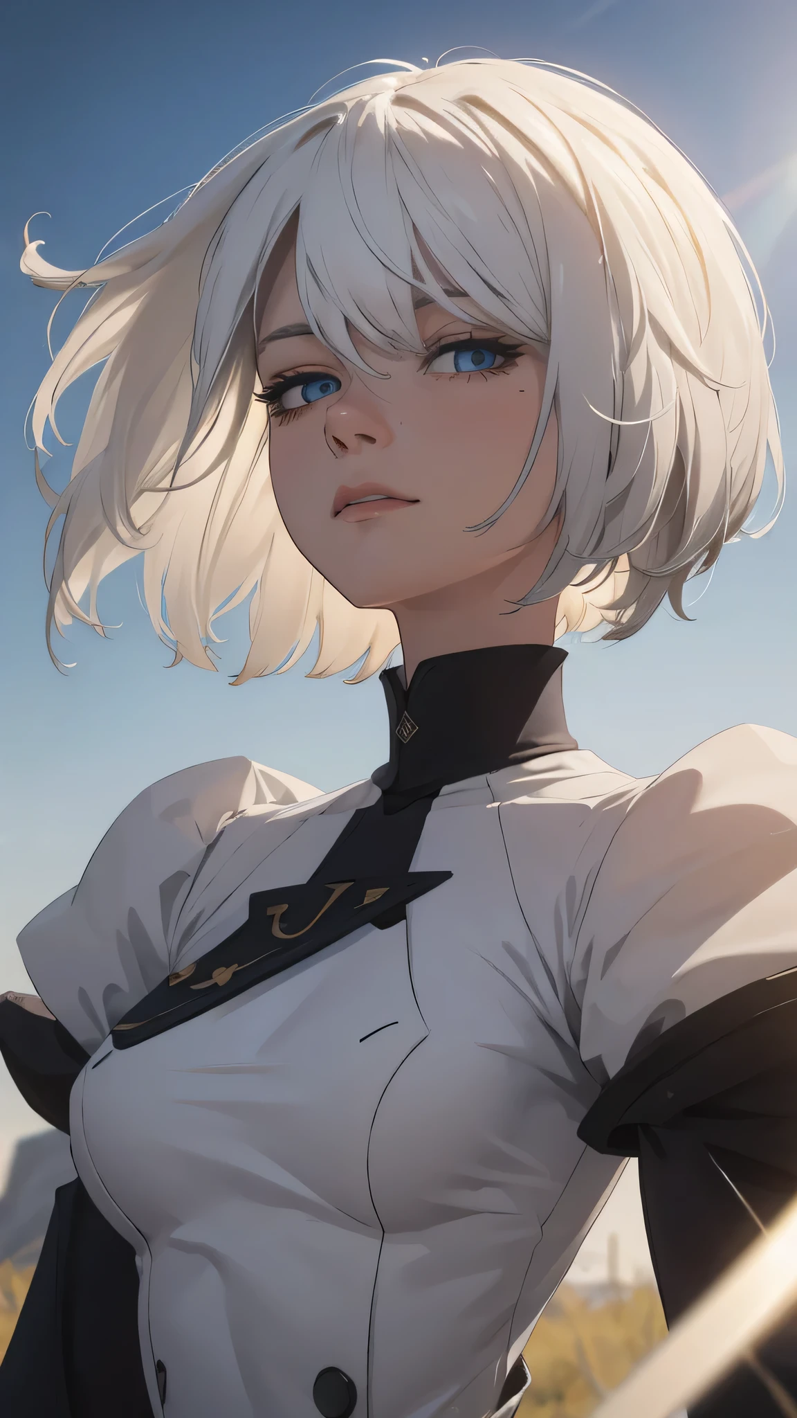 extremely detailed CG unity 8k wallpaper), (masterpiece), (best quality), (ultra-detailed), (best illustration), (best shadow), (absurdres) ,(detailed eyes), 2b, 1girl, short hair, white hair, solo, Intimidating women, admiral uniform, night, hero pose, white clothes, General Uniform, Military Uniform, Sunlight, exposed to sunlight,commander, fighting pose, wearing cape