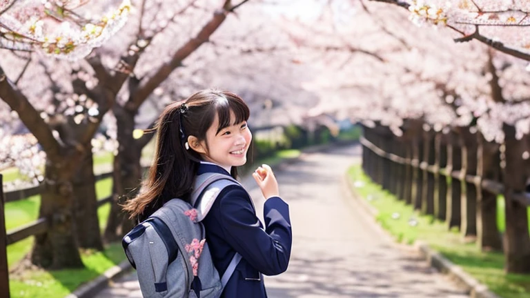 ・An image of a high school girl in a Japanese uniform walking happily down a road lined with blooming cherry blossoms ・The girl's face looks happy ・Please draw her face with an emphasis on cuteness rather than beauty ・She is smiling ・She is carrying a small backpack ・Draw her walking from behind ・The angle of her head should be such that her profile is slightly visible