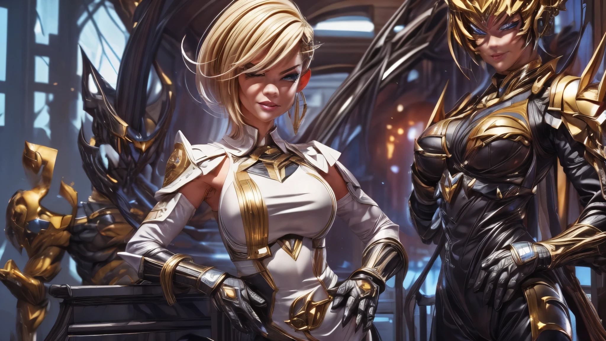 (best quality,4k,8k,highres,masterpiece:1.2),ultra-detailed, Alien Princess, with lightning powers and stylized golden electric armor, short blond hair, Female Commander Invading a city with her Ranger troops behind her, strutting her stuff, Smiling and laughing, Flirting with the viewer, HDR, 8k, absurdres, cinestill 800, sharp focus, add_detail:3 (solo woman) anime Villainess, wideshot, widescreen, focus on subject