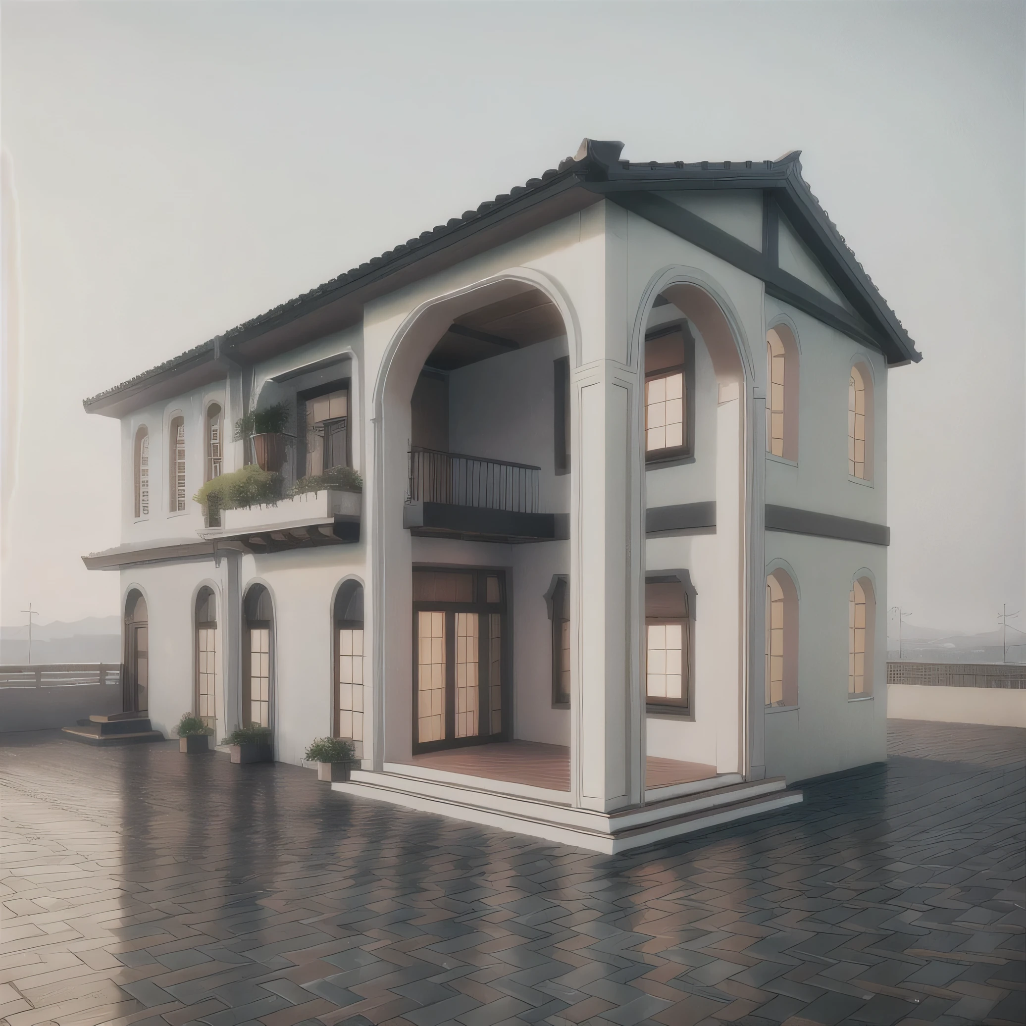 arafed view of a house with a balcony and a balcony, frontview, front view dramatic, all white render, 3d rendering, 3 d rendering, neo - classical style, an extremely detailed building, front elevation view, complete house, perspective view, in style of 3d render, with 3d render, with 3 d render, inter dimensional villa
