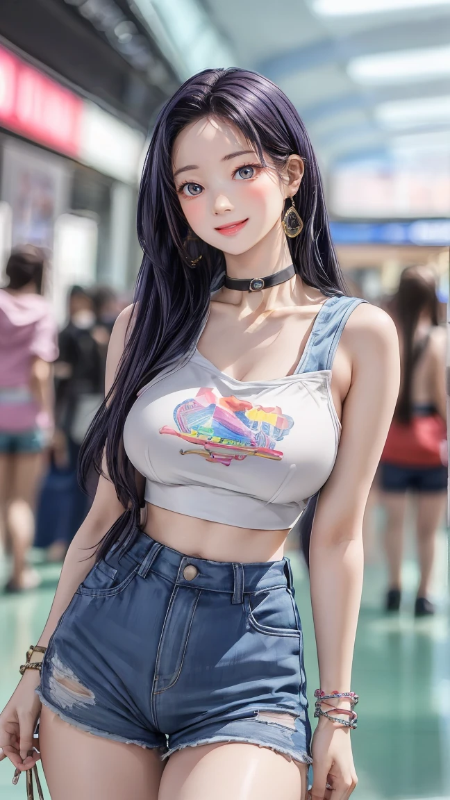 (best quality,4k,8k,highres,masterpiece:1.2),ultra-detailed,(realistic,photorealistic,photo-realistic:1.37),perfect slim fit body, slim waist, wide hips, (big breasts, vibrant cropped hoodie, shorts, choker, bracelets), walking pose, (shopping mall interior with elaborate details)