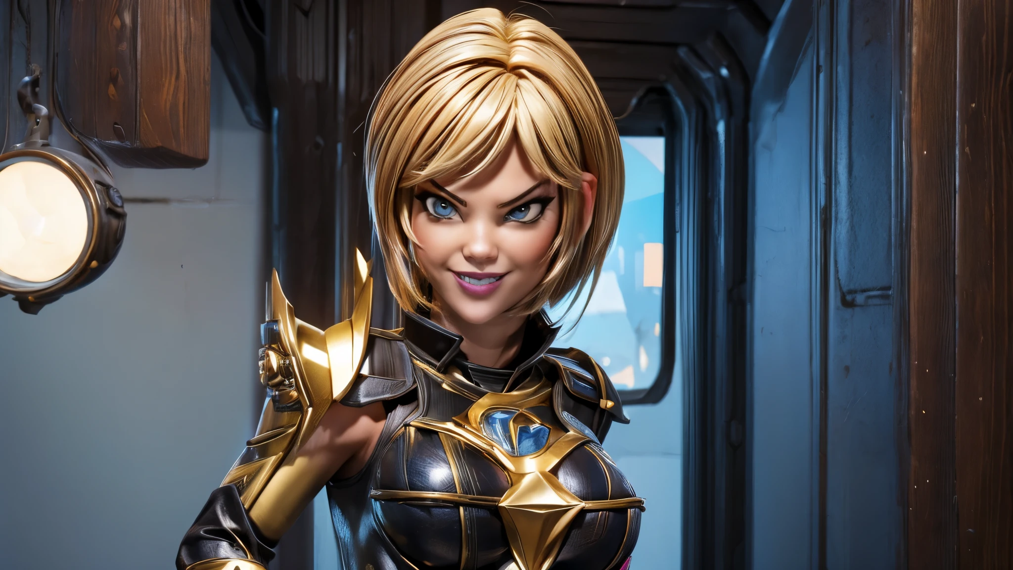 (best quality,4k,8k,highres,masterpiece:1.2),ultra-detailed, Alien Princess, with lightning powers and stylized golden electric armor, short blond hair, Female Commander Invading a city with her Ranger troops behind her, strutting her stuff, Smiling and laughing, Flirting with the viewer, HDR, 8k, absurdres, cinestill 800, sharp focus, add_detail:3 (solo woman) anime Villainess, wideshot, widescreen, focus on subject