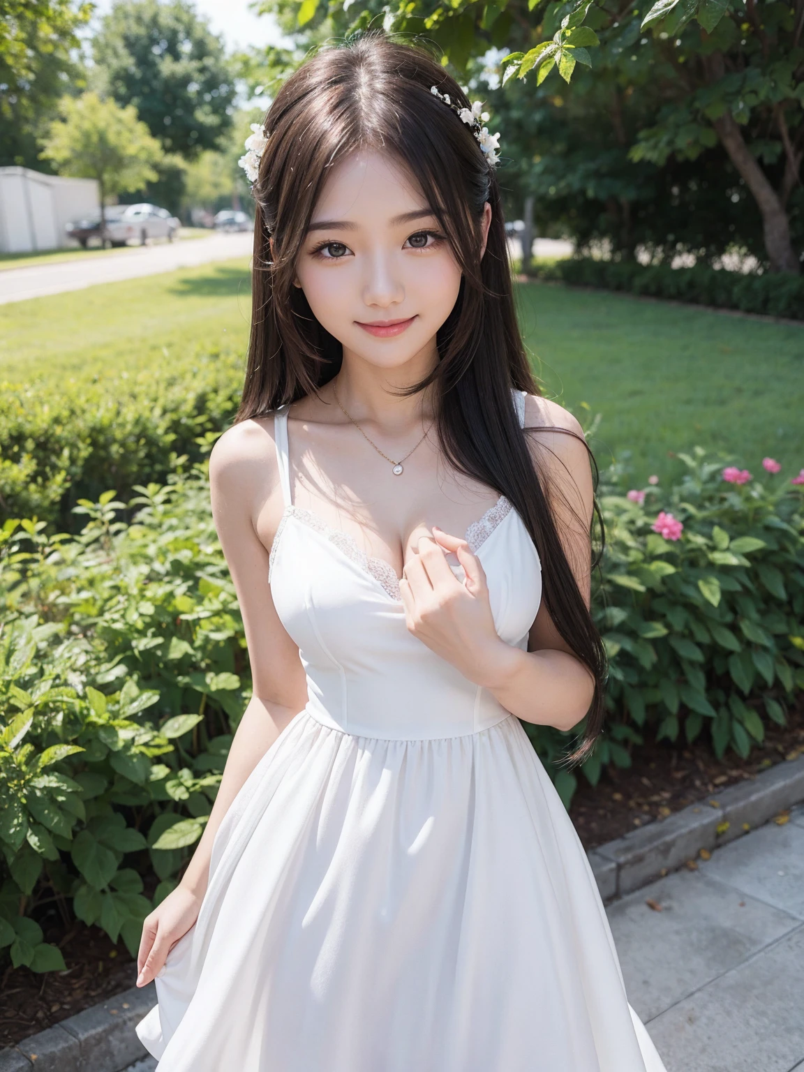 Girl, a-cup, wearing white dress, long hair, cheerful looks,