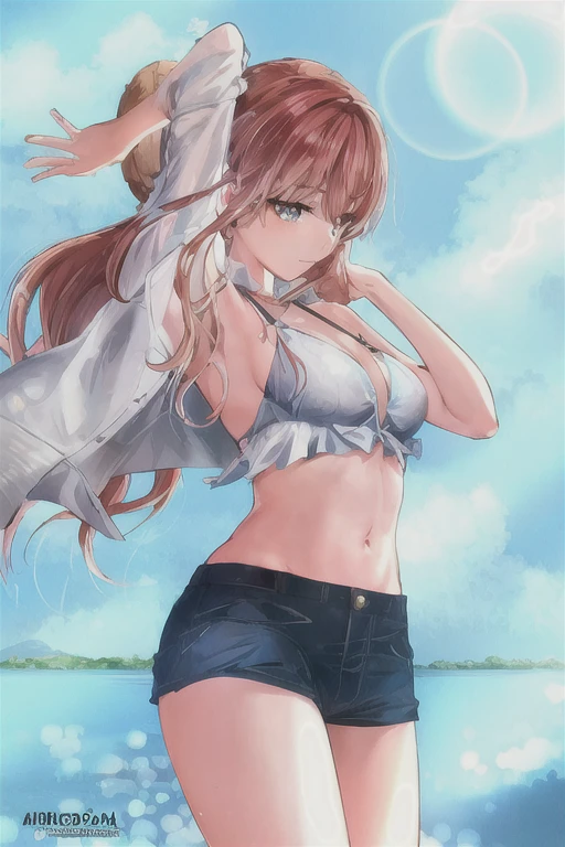 a woman in a bikini top and shorts standing on a beach, seductive anime girl, attractive anime girl, smooth anime cg art, beautiful anime girl, marin kitagawa fanart, beautiful alluring anime woman, kantai collection style, realistic bikini, hd anime wallaper, 4 k manga wallpaper, (anime girl), beautiful alluring anime teen, anime best girl, mio fuyutsuki fanart 