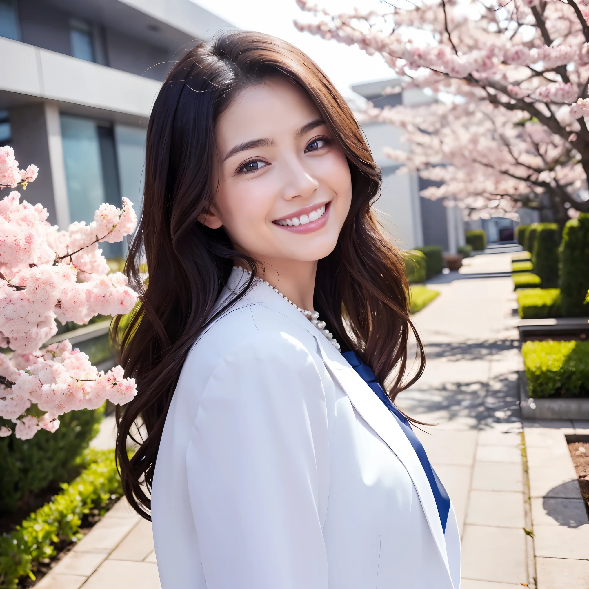 (masterpiece、highest quality、best image quality、8K、Award-winning work)、(1 40 year old mature woman:1.2)、(facial wrinkles:1.2)、(graduation outfit:1.1)、(Commemorative photo taken with the school in the background:1.1)、(Beautiful skin that shines very brightly:1.3)、(very bright and vivid:1.2)、(the biggest smile when you look at me:1.1)、(The most natural and perfect navy formal suit:1.2)、(perfect and precise pearl necklace:1.2)、(Super bright and radiant skin:1.2)、(The perfect navy suit that shines so brightly:1.1)、(A very bright and shiny new school building:1.1)、(Elegantly styled very long wavy hair:1.2)、black brown hair、(big breasts:1.1)、emphasize body line、(Standing most elegantly:1.1)、(The background is a rectangular school building with four floors:1.2)、(Modern four-storey rectangular building:1.2)、(Reinforced concrete square school:1.2)、(beautiful square window glass:1.1)、(A new and beautiful high school:1.1)、sunny and beautiful sky、clear beautiful sky、beautiful thunderclouds、(refreshing sunshine:1.1)、(Blurred cherry blossom tree in full bloom in the background:1.1)、perfect makeup、bright lipstick、upper body photo、blurred background、(perfect anatomy:1.1)、Ultra high definition beauty face、ultra high definition hair、Super high definition perfect beautiful teeth、(Show your beautiful teeth and smile big:1.1)、Super high-definition sparkling eyes、Super high resolution glossy lips