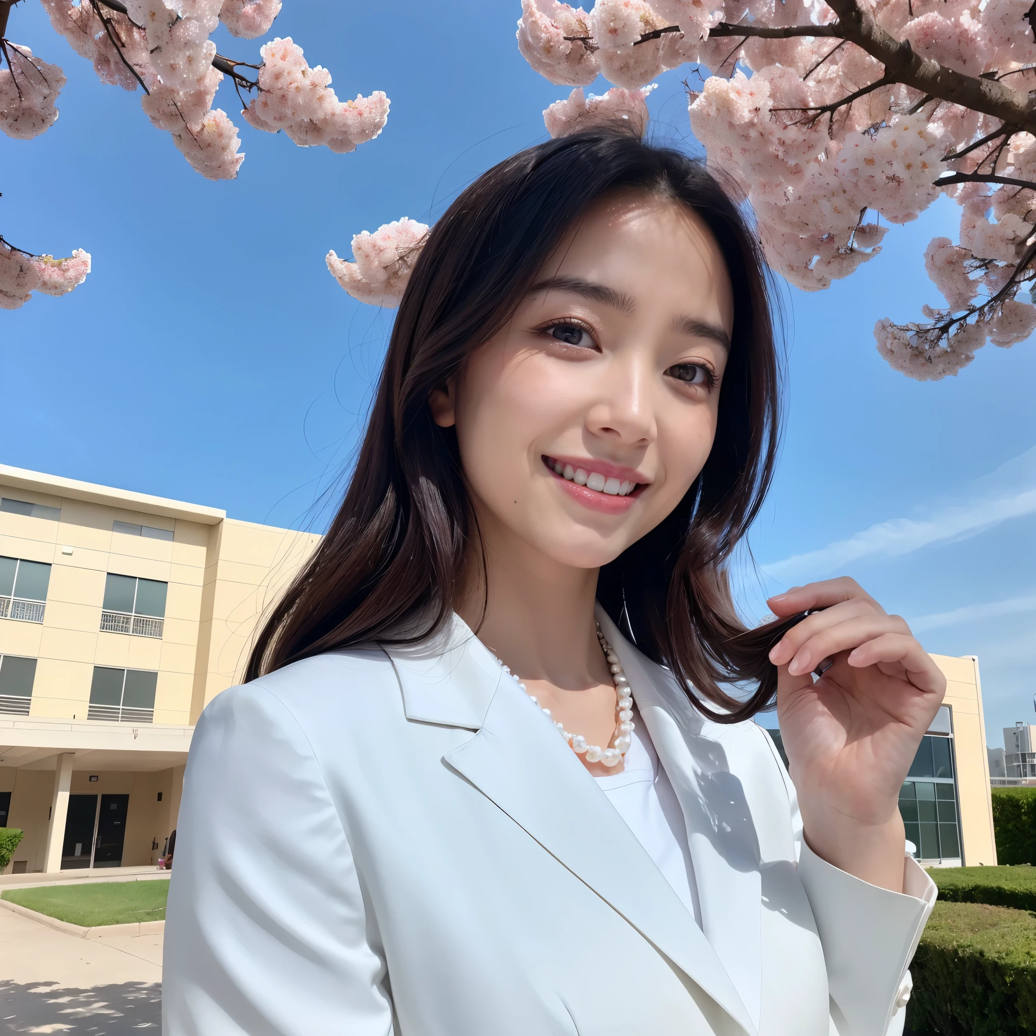 (masterpiece、highest quality、best image quality、8K、Award-winning work)、(1 40 year old mature woman:1.2)、(facial wrinkles:1.2)、(graduation outfit:1.1)、(Commemorative photo taken with the school in the background:1.1)、(Beautiful skin that shines very brightly:1.3)、(very bright and vivid:1.2)、(look at me with the best smile:1.1)、(The most natural and perfect white formal suit:1.2)、(perfect and precise pearl necklace:1.2)、(Super bright and radiant skin:1.2)、(A perfect white suit that shines very brightly:1.1)、(A very bright and shiny new school building:1.1)、(Elegantly styled very long wavy hair:1.2)、black brown hair、(big breasts:1.1)、emphasize body line、(Standing most elegantly:1.1)、(The background is a rectangular school building with four floors:1.2)、(Modern four-storey rectangular building:1.2)、(Reinforced concrete square school:1.2)、(beautiful square window glass:1.1)、(A new and beautiful high school:1.1)、sunny and beautiful sky、clear beautiful sky、beautiful thunderclouds、(refreshing sunshine:1.1)、(Blurred cherry blossom tree in full bloom in the background:1.1)、perfect makeup、bright lipstick、upper body photo、blurred background、(perfect anatomy:1.1)、Ultra high definition beauty face、ultra high definition hair、Super high definition perfect beautiful teeth、(Show your beautiful teeth and smile big:1.1)、Super high-definition sparkling eyes、Super high resolution glossy lips