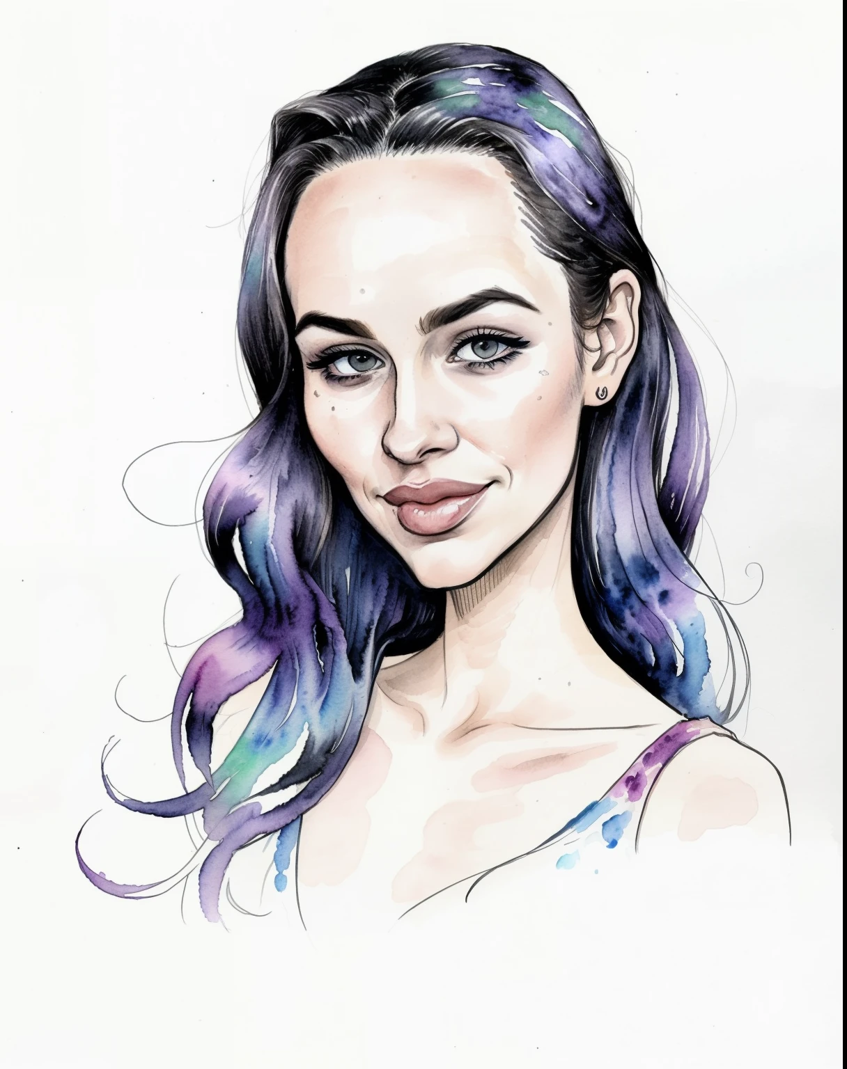 Huge forehead watercolor ink painting comics female cartoon zckrman portrait person