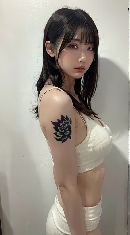 (highest quality, masterpiece:1.2), Side view, Beautiful woman with full body tattoos, perfect body, wide hips, big breasts, anime style, simple lines