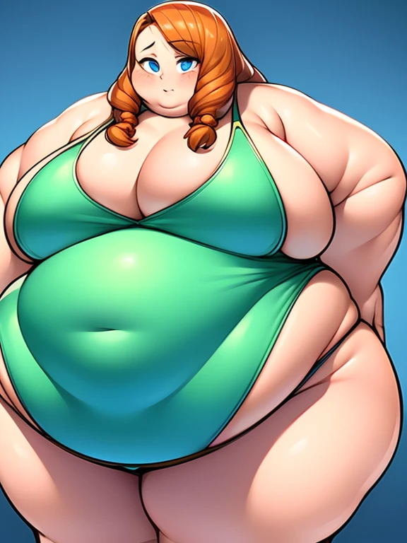 The most obese beautiful young obese ssbbw fat girl, extremely wide thighs and huge obese wide booty, massive tummy, ling rich curly natural ginger hair,beautiful face, blue eyes, freckles on face and body, obese ssbbw fat feminine body, huge bloated hanging soft belly, cute belly-button, wide hips, fat huge booty, big round pregnant belly, thicc fat legs in a tight beautiful bikini, very surprised, looking down, yelling