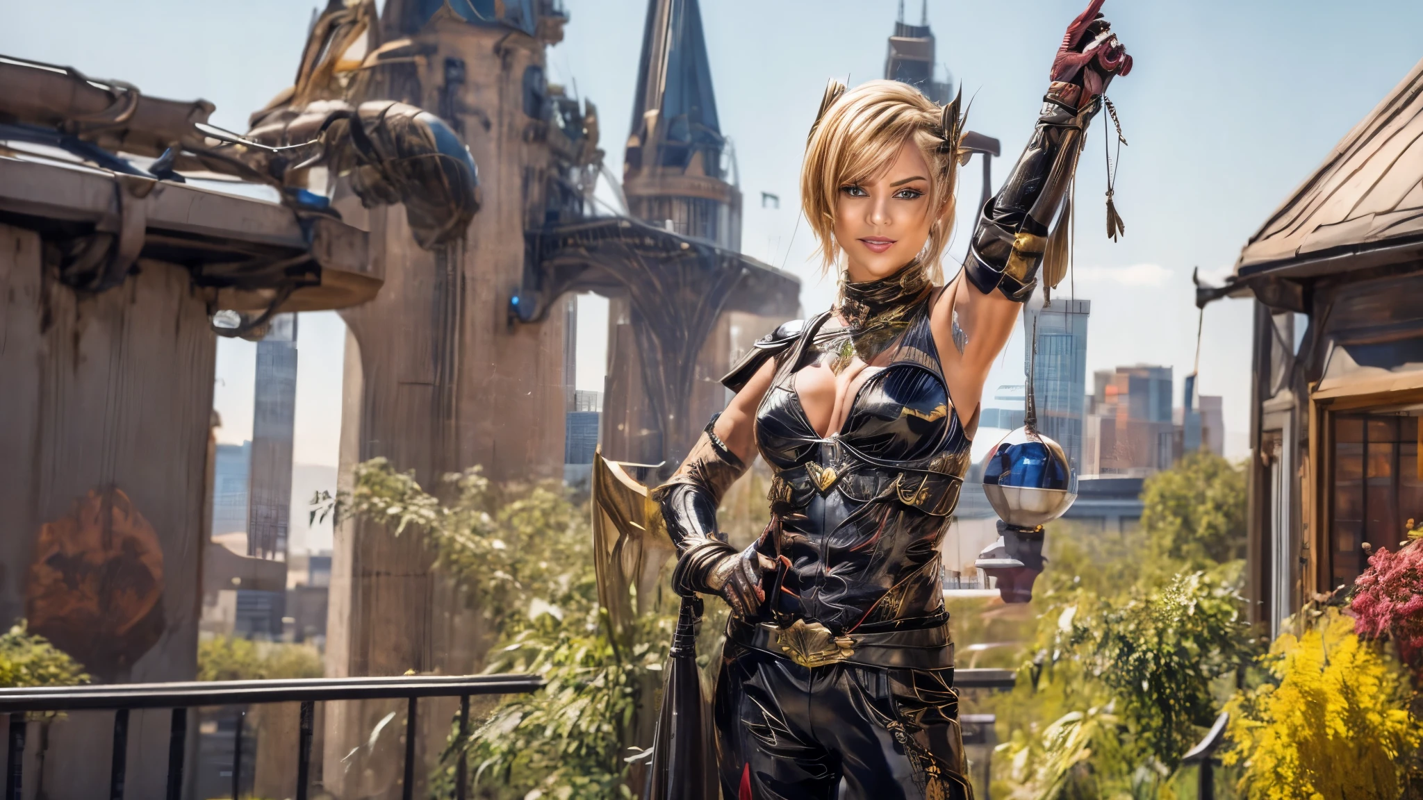 (best quality,4k,8k,highres,masterpiece:1.2),ultra-detailed, Alien Princess, with lightning powers and stylized golden electric armor, short blond hair, Female Commander Invading a city with her Ranger troops behind her, strutting her stuff, Smiling and laughing, Flirting with the viewer, HDR, 8k, absurdres, cinestill 800, sharp focus, add_detail:3 (solo woman) anime Villainess, wideshot, widescreen, focus on subject