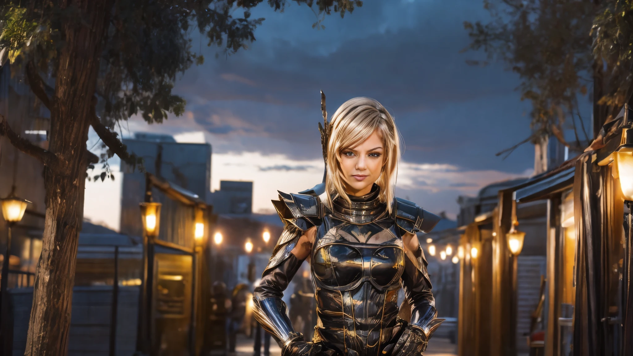 (best quality,4k,8k,highres,masterpiece:1.2),ultra-detailed, Alien Princess, with lightning powers and stylized golden electric armor, short blond hair, Female Commander Invading a city with her Ranger troops behind her, strutting her stuff, Smiling and laughing, Flirting with the viewer, HDR, 8k, absurdres, cinestill 800, sharp focus, add_detail:3 (solo woman) anime Villainess, wideshot, widescreen, focus on subject