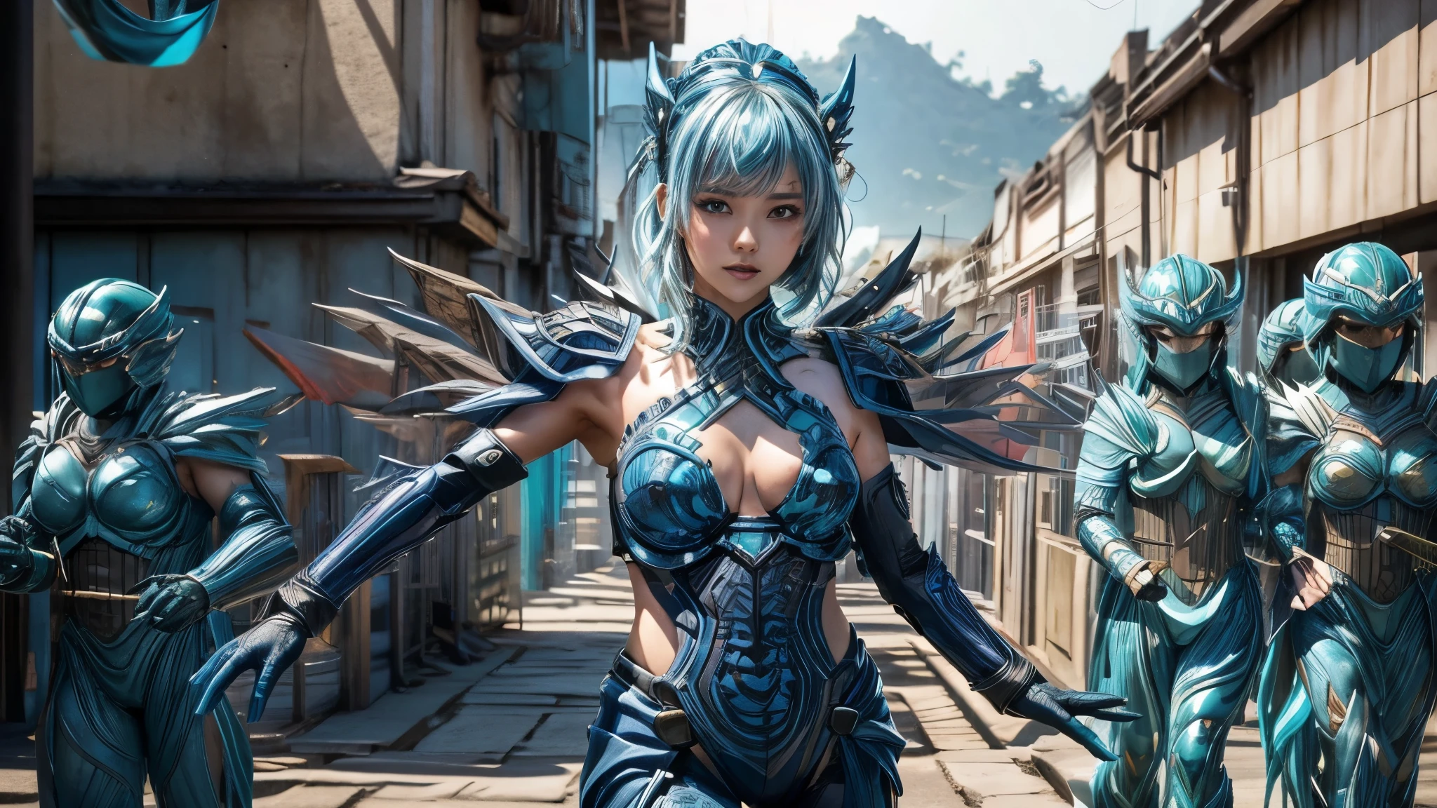 (best quality,4k,8k,highres,masterpiece:1.2),ultra-detailed, Alien Princess, miamalkova, with water powers and blue wave themed armor made of dark blue coral, log aqua color hair, Female Commander Invading a city with her Ranger troops behind her, strutting her stuff, Smiling and laughing, Flirting with the viewer, HDR, 8k, absurdres, cinestill 800, sharp focus, add_detail:3 (solo woman) anime Villainess, wideshot, widescreen, focus on subject