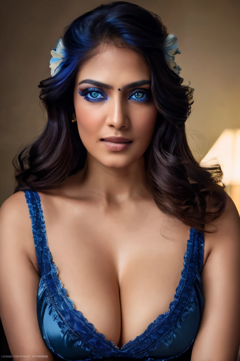 close-up portrait, (portrait photo), ((best quality)), masterpiece, 8k wallpaper, nikon, cinematic lighting, medium hair, ((blue iris)), (photorealistic:1.4), (Malvka), (as maid), (deep cleavage)