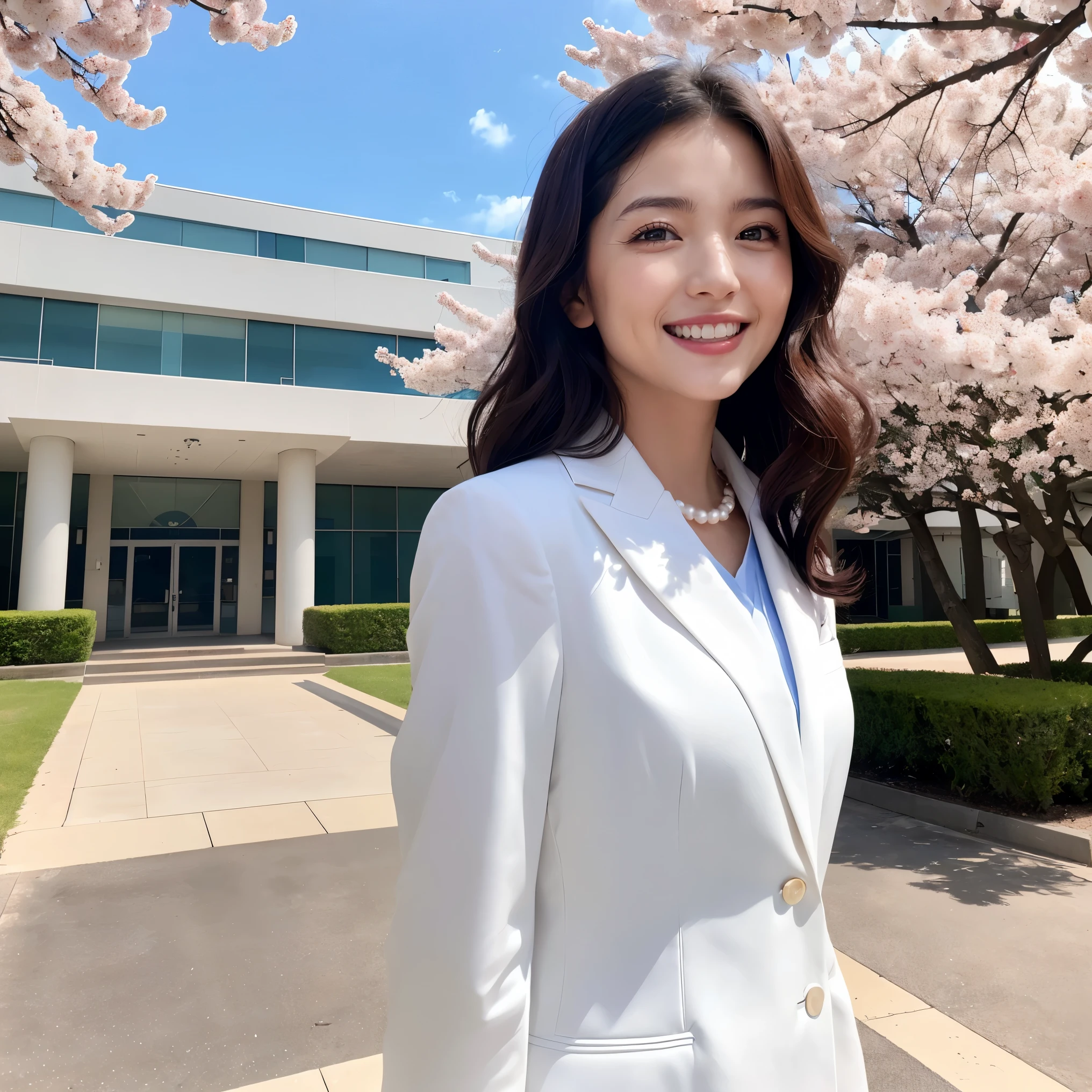 (masterpiece、highest quality、best image quality、8K、Award-winning work)、(1 40 year old mature woman:1.2)、(facial wrinkles:1.2)、(graduation outfit:1.1)、(Commemorative photo taken with the school in the background:1.1)、(Beautiful skin that shines very brightly:1.3)、(very bright and vivid:1.2)、(look at me with the best smile:1.1)、(The most natural and perfect white formal suit:1.2)、(perfect and precise pearl necklace:1.2)、(Super bright and radiant skin:1.2)、(A perfect white suit that shines very brightly:1.1)、(A very bright and shiny new school building:1.1)、(Elegantly styled very long wavy hair:1.2)、black brown hair、(big breasts:1.1)、emphasize body line、(Standing most elegantly:1.1)、(The background is a rectangular school building with four floors:1.2)、(Modern four-storey rectangular building:1.2)、(Reinforced concrete square school:1.2)、(beautiful square window glass:1.1)、(A new and beautiful high school:1.1)、sunny and beautiful sky、clear beautiful sky、beautiful thunderclouds、(refreshing sunshine:1.1)、(Blurred cherry blossom tree in full bloom in the background:1.1)、perfect makeup、bright lipstick、upper body photo、blurred background、(perfect anatomy:1.1)、Ultra high definition beauty face、ultra high definition hair、Super high definition perfect beautiful teeth、(Show your beautiful teeth and smile big:1.1)、Super high-definition sparkling eyes、Super high resolution glossy lips