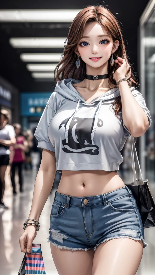 (best quality,4k,8k,highres,masterpiece:1.2),ultra-detailed,(realistic,photorealistic,photo-realistic:1.37),perfect slim fit body, slim waist, wide hips, (big breasts, vibrant cropped hoodie, shorts, choker, bracelets), walking pose, (shopping mall interior with elaborate details)