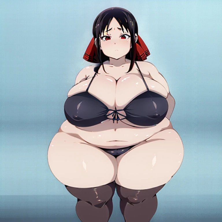 1girl, top-heavy figure, ((((incredibly big chest)))), ((((big tits)))), (((saggy chest))), pout, embarassed, shortstack, short woman, small height, mature, standing, full body, obese, fatty, out of shape, bbw, ssbbw, shinomiya kaguya, black hair, red eyes, red ribbon, black bikini, high heels, pantyhose