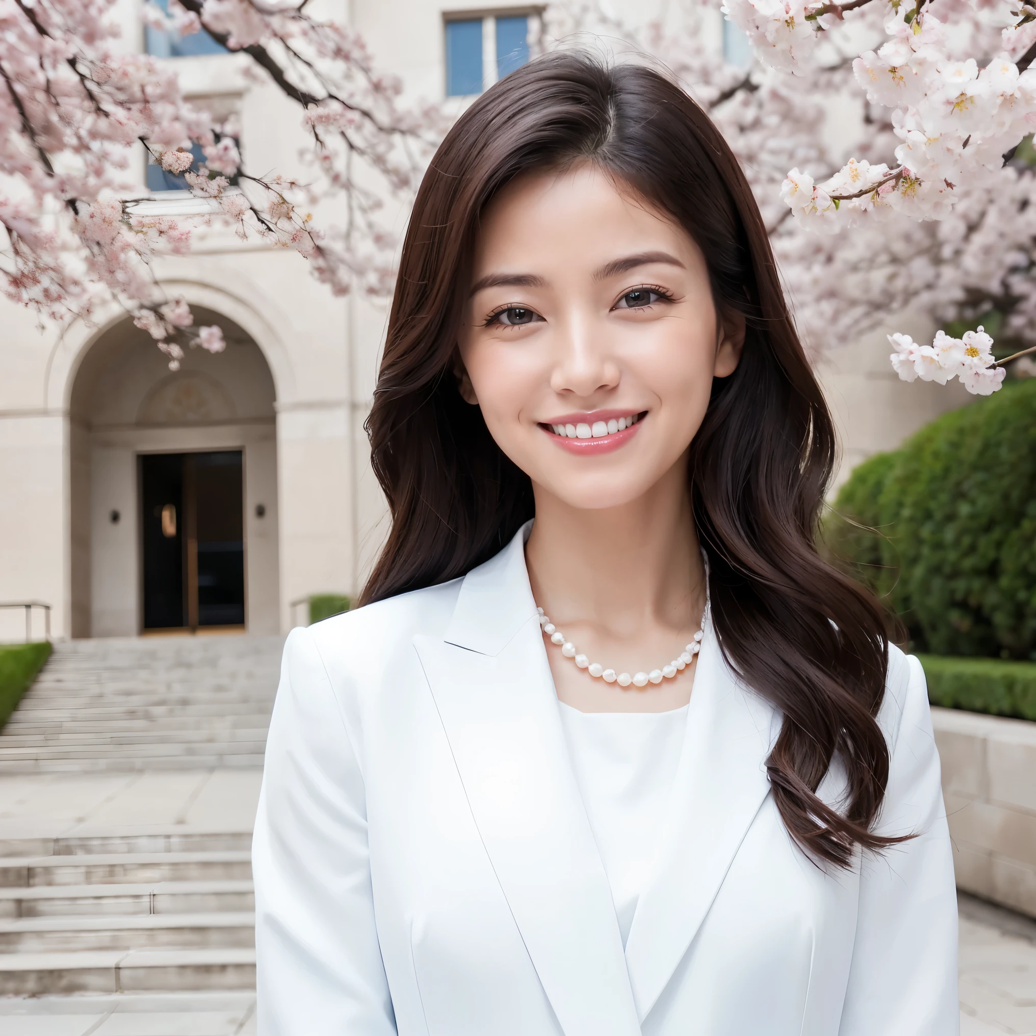 (masterpiece、highest quality、best image quality、8K、Award-winning work)、(1 40 year old mature woman:1.2)、(facial wrinkles:1.2)、(graduation outfit:1.1)、(Commemorative photo taken with the school in the background:1.1)、(Beautiful skin that shines very brightly:1.3)、(very bright and vivid:1.2)、(look at me with the best smile:1.1)、(The most natural and perfect white formal suit:1.2)、(perfect and precise pearl necklace:1.2)、(Super bright and radiant skin:1.2)、(A perfect white suit that shines very brightly:1.1)、(A very bright and shiny new school building:1.1)、(Elegantly styled very long wavy hair:1.2)、black brown hair、(big breasts:1.1)、emphasize body line、(Standing most elegantly:1.1)、(The background is a rectangular school building with four floors:1.2)、(Modern four-storey rectangular building:1.2)、(Reinforced concrete square school:1.2)、(The new, modern exterior of the school building:1.1)、(beautiful square window glass:1.1)、(A new and beautiful high school:1.1)、sunny and beautiful sky、clear beautiful sky、beautiful thunderclouds、(refreshing sunshine:1.1)、(Blurred cherry blossom tree in full bloom in the background:1.1)、perfect makeup、bright lipstick、upper body photo、blurred background、(perfect anatomy:1.1)、Ultra high definition beauty face、ultra high definition hair、Super high definition perfect beautiful teeth、(Show your beautiful teeth and smile big:1.1)、Super high-definition sparkling eyes、Super high resolution glossy lips