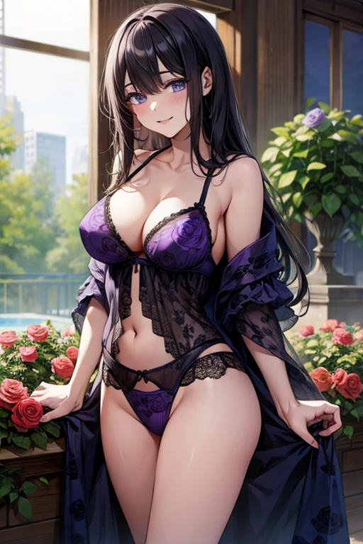 (((Black hair))), long hair, blue eyes, sexy, large breasts, beautiful body, masterpiece, smile, (((purple rose print lingerie))), sexy lingerie, hotel swimming pool,busty, buxom, curvy, voluptuous